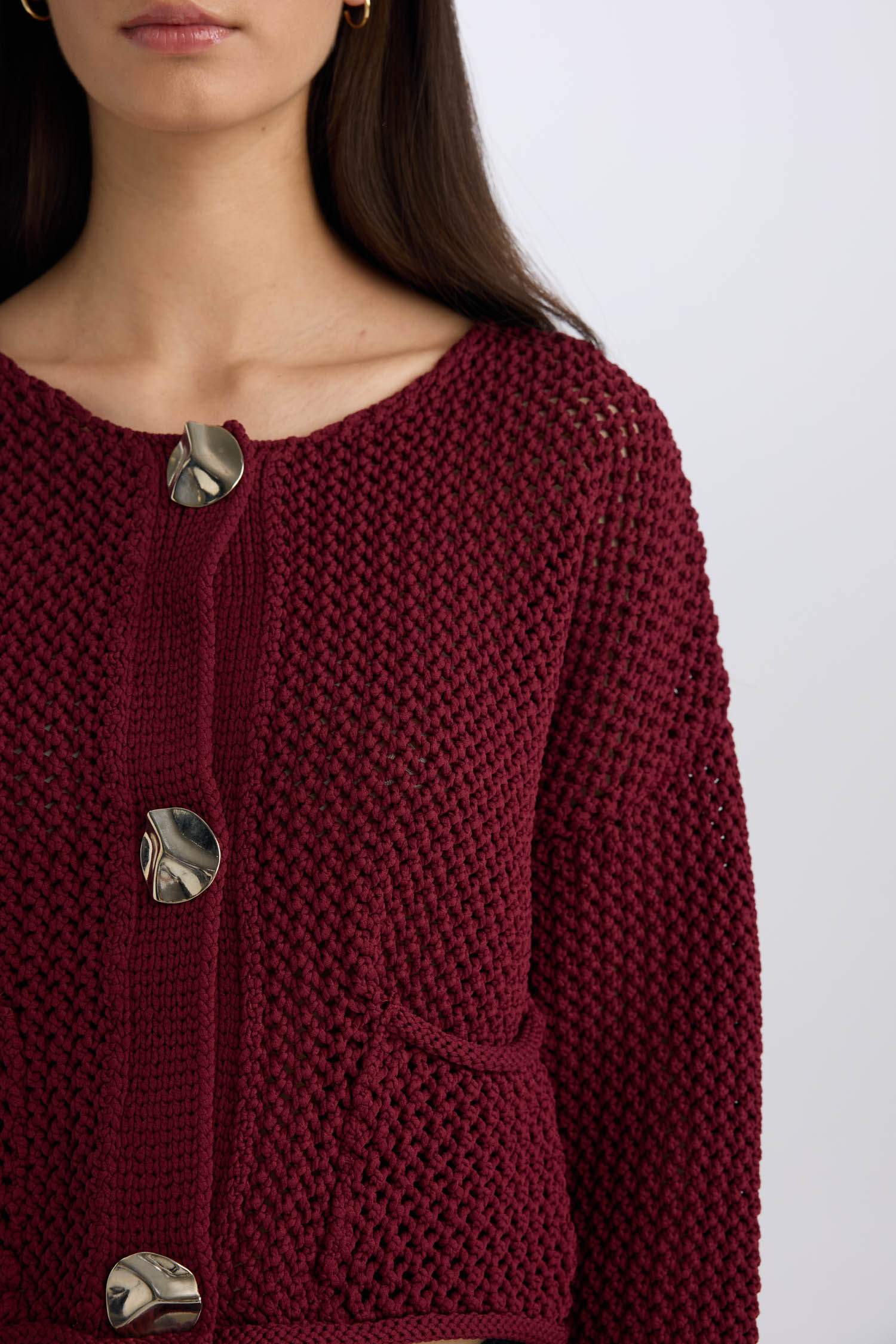 Relax Fit Bisiklet Yaka Düğmeli Örgü Desenli Triko Hırka