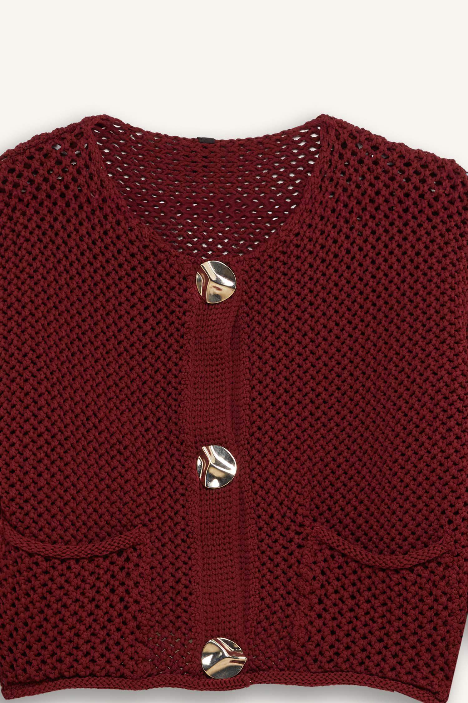 Relax Fit Bisiklet Yaka Düğmeli Örgü Desenli Triko Hırka