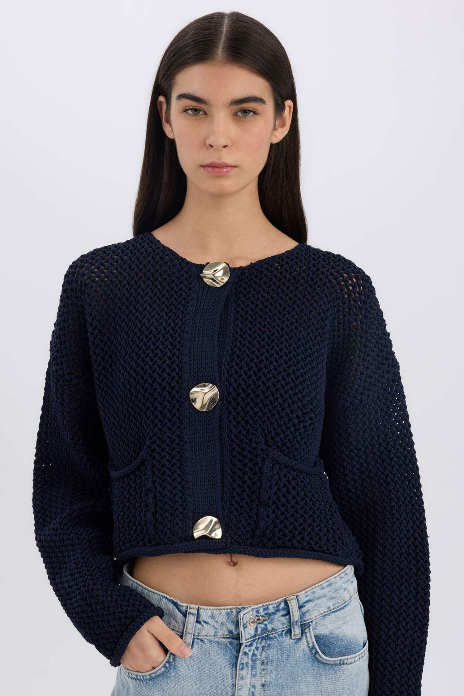 Relax Fit Bisiklet Yaka Düğmeli Örgü Desenli Triko Hırka