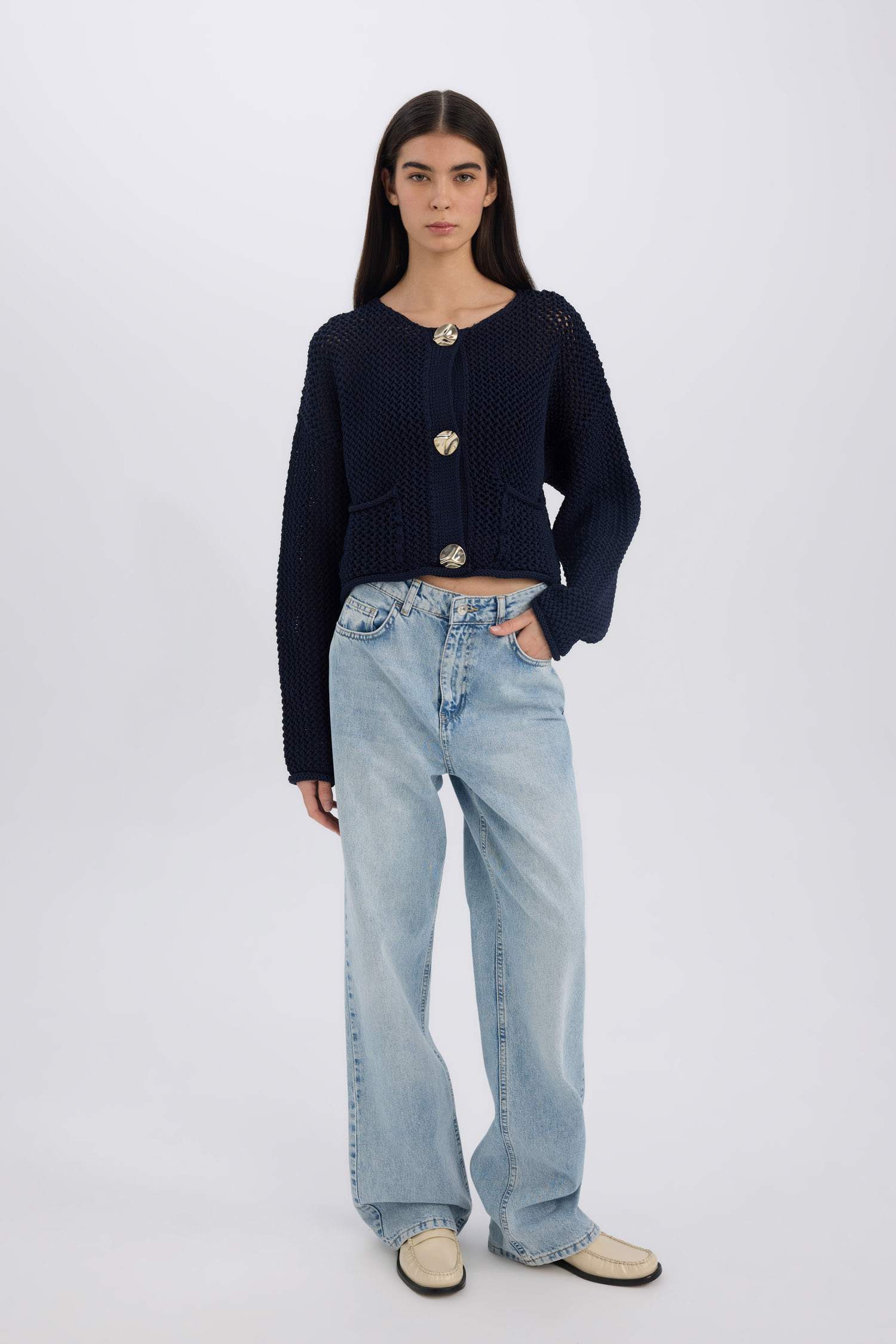 Relax Fit Bisiklet Yaka Düğmeli Örgü Desenli Triko Hırka