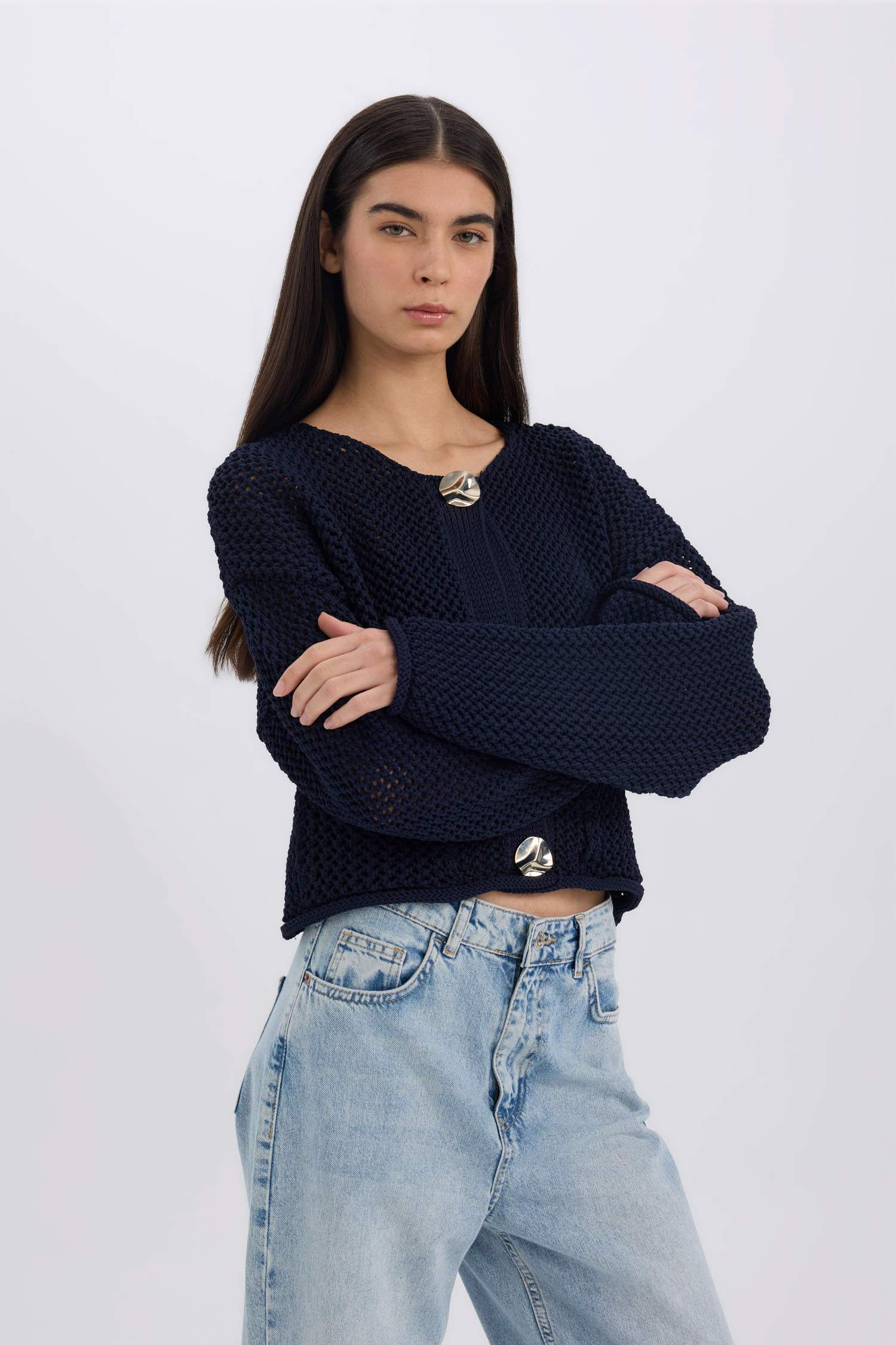 Relax Fit Bisiklet Yaka Düğmeli Örgü Desenli Triko Hırka