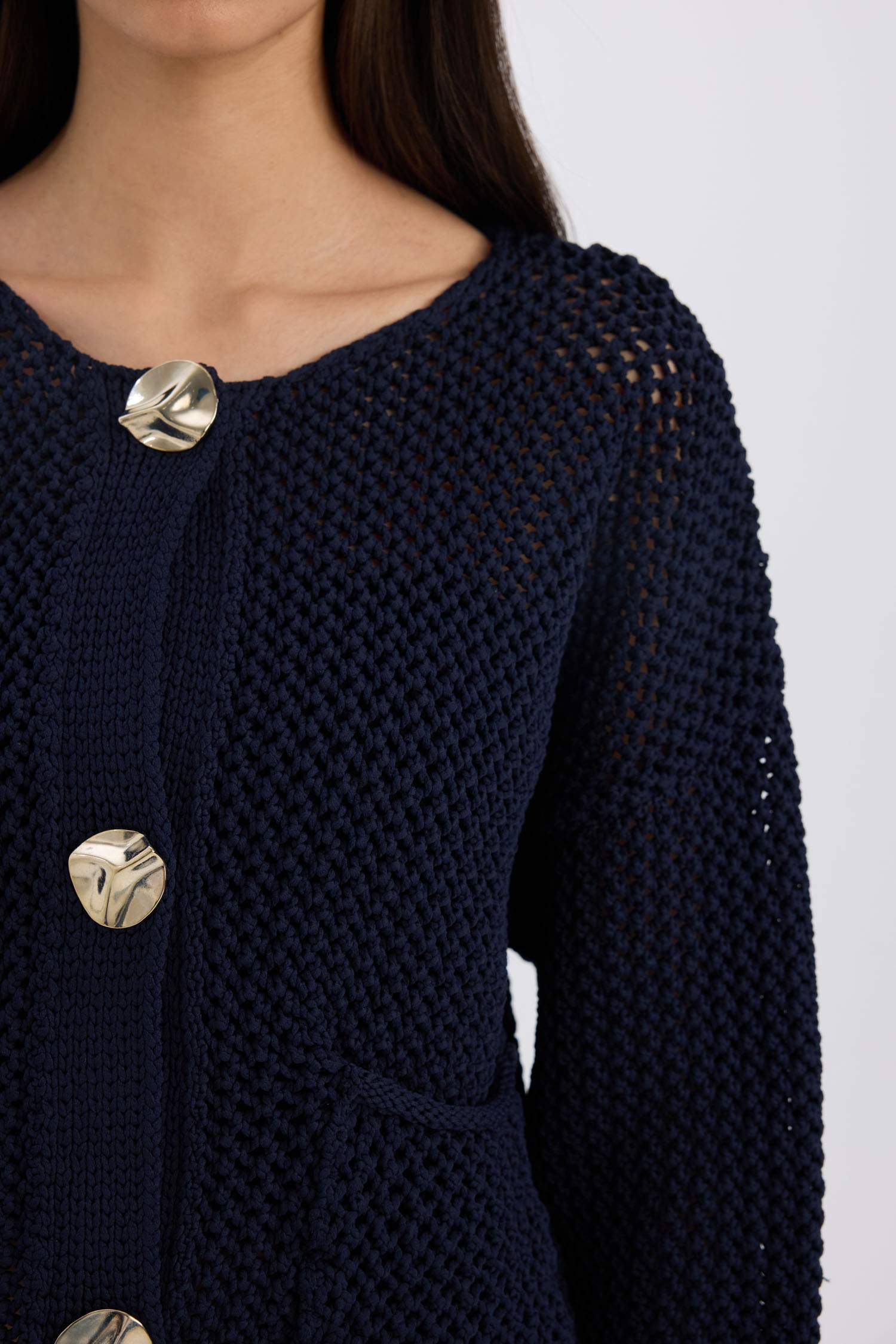 Relax Fit Bisiklet Yaka Düğmeli Örgü Desenli Triko Hırka