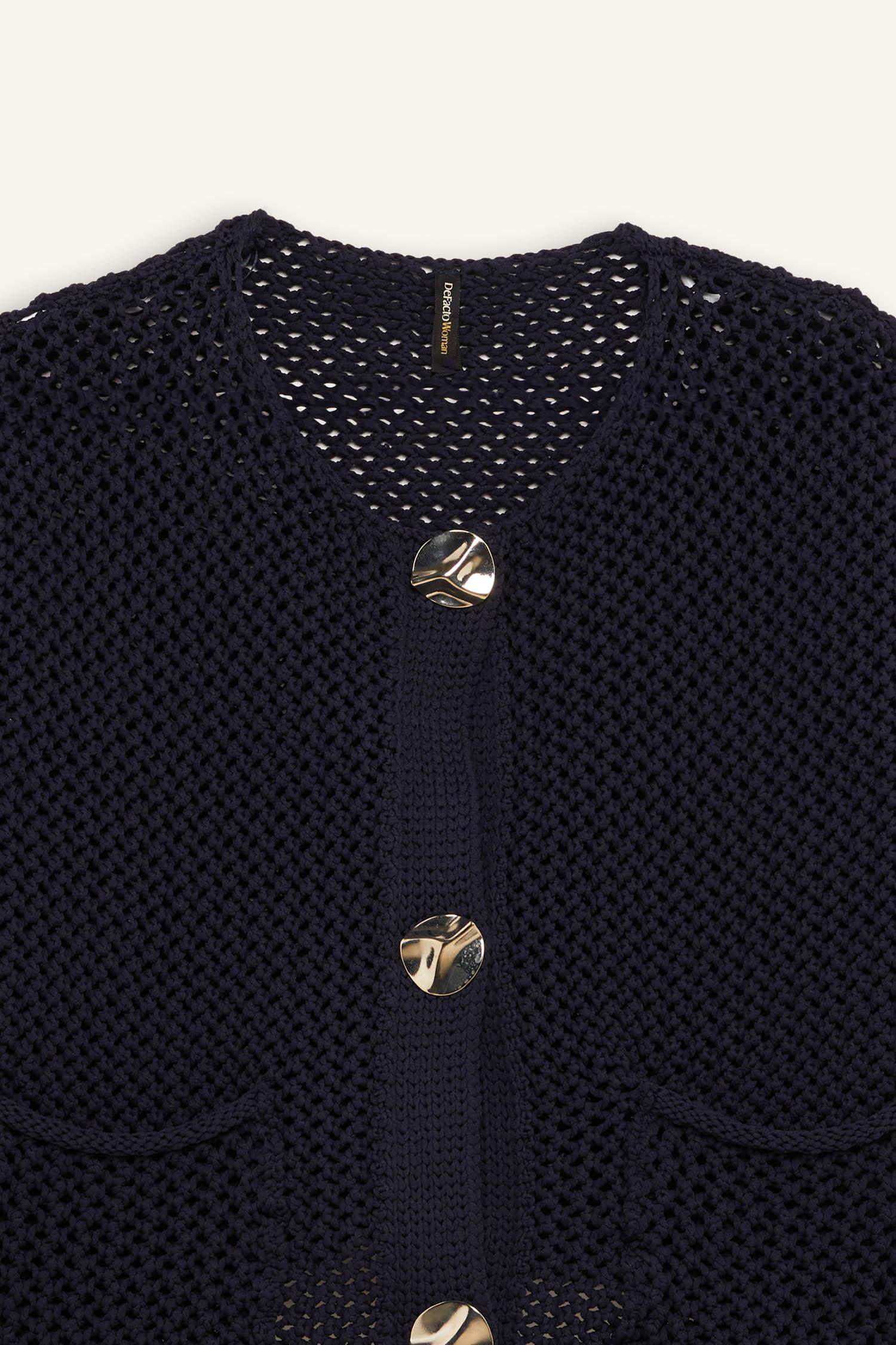 Relax Fit Bisiklet Yaka Düğmeli Örgü Desenli Triko Hırka