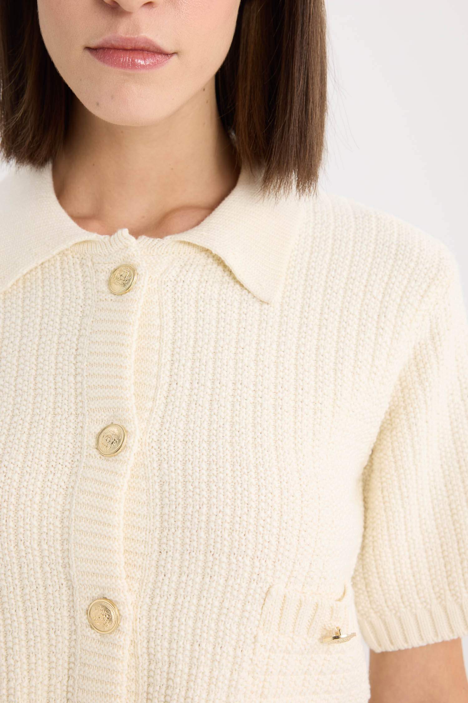 Cropped Fit Gömlek Yaka Düğmeli Triko Kısa Kollu Hırka