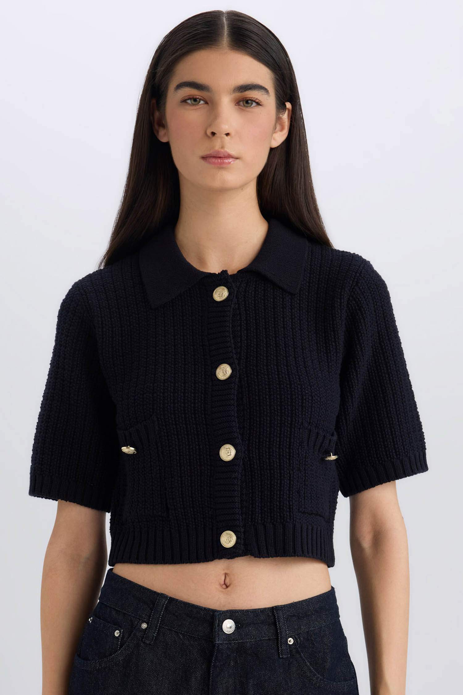 Crop Shirt Collar Cardigan