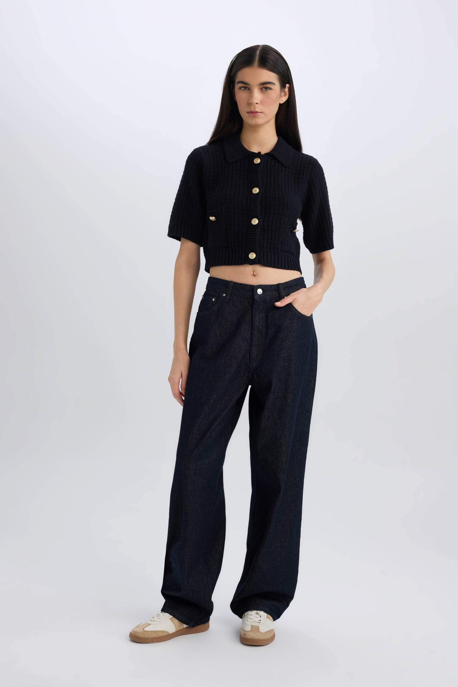 Crop Shirt Collar Cardigan