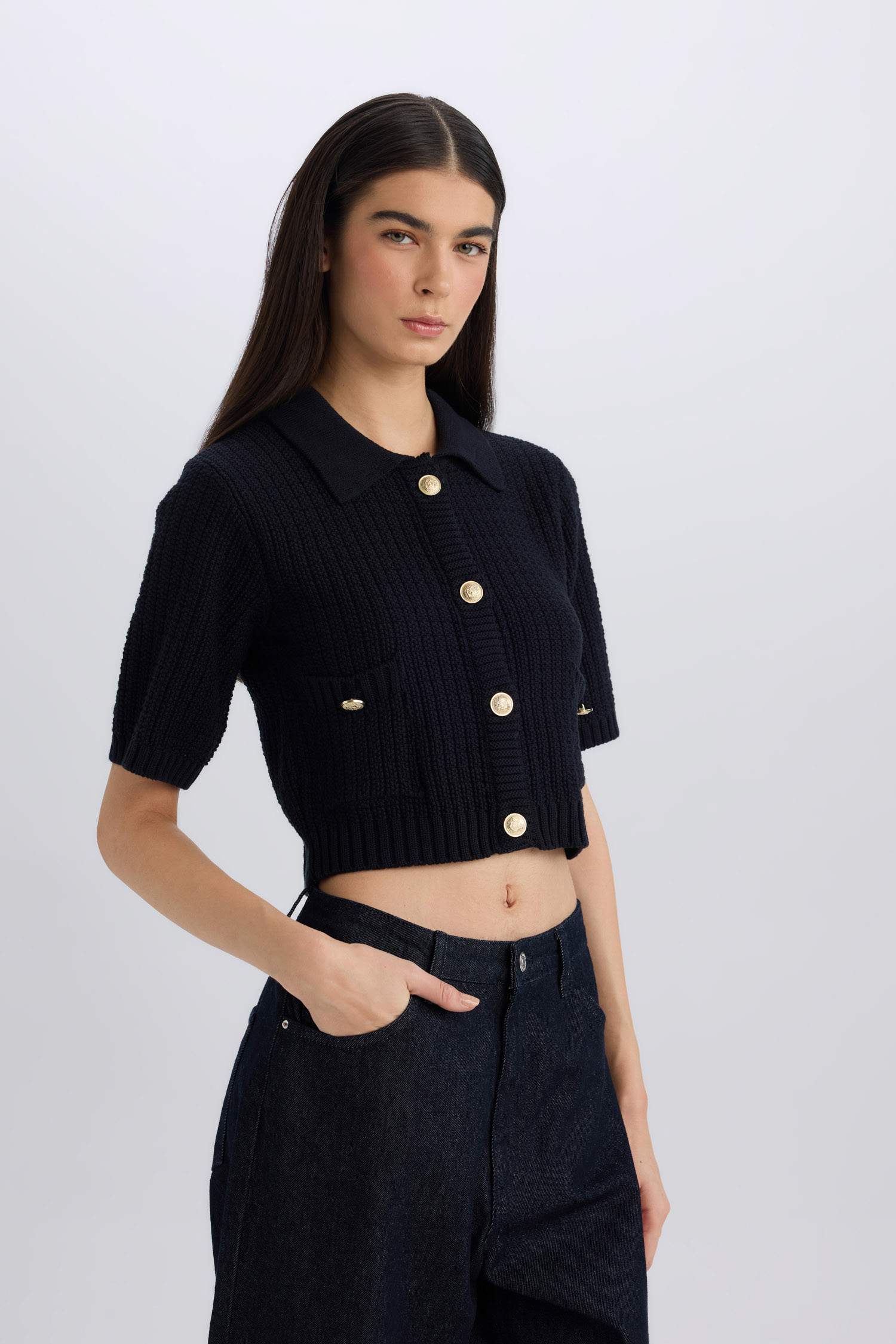 Crop Shirt Collar Cardigan