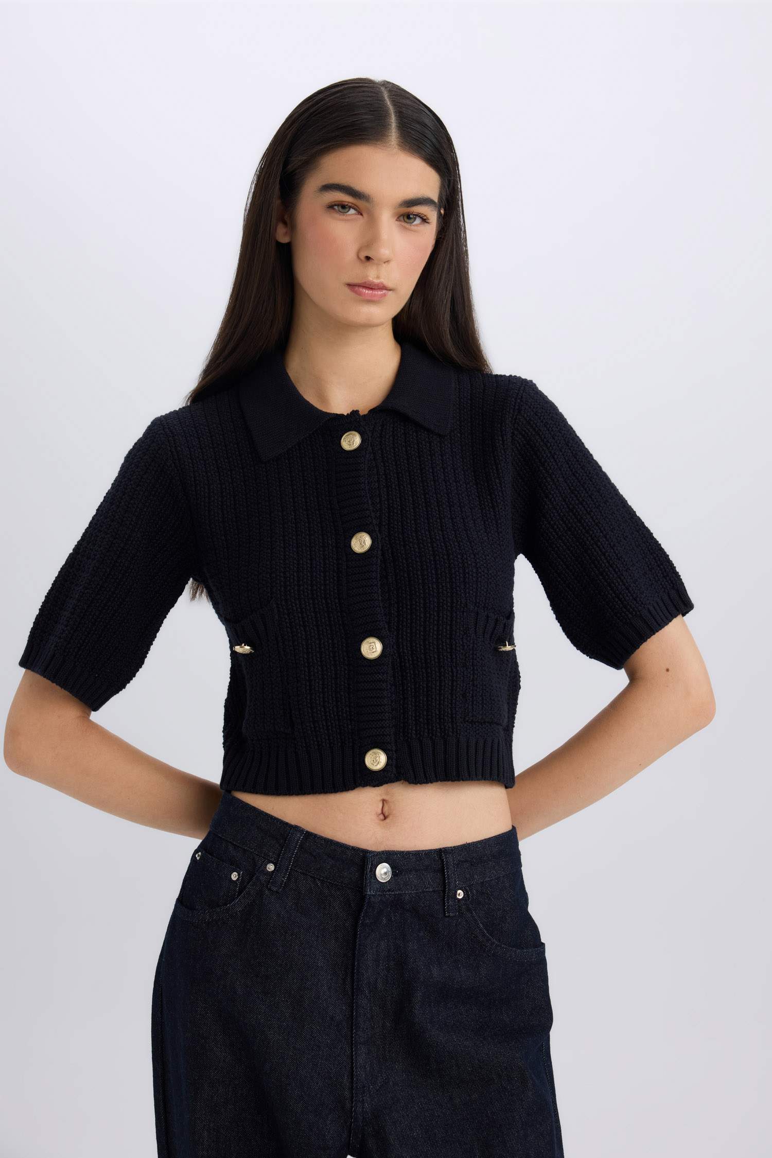 Crop Shirt Collar Cardigan