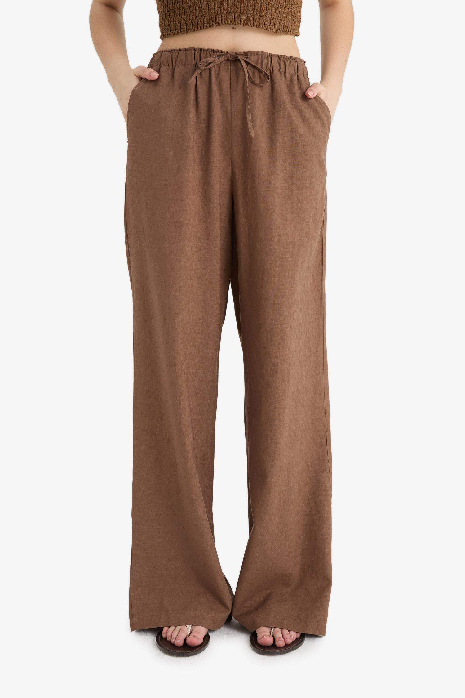 Wide Leg Çift Cepli Beli Lastikli Standart Boy Keten Karışımlı Pantolon