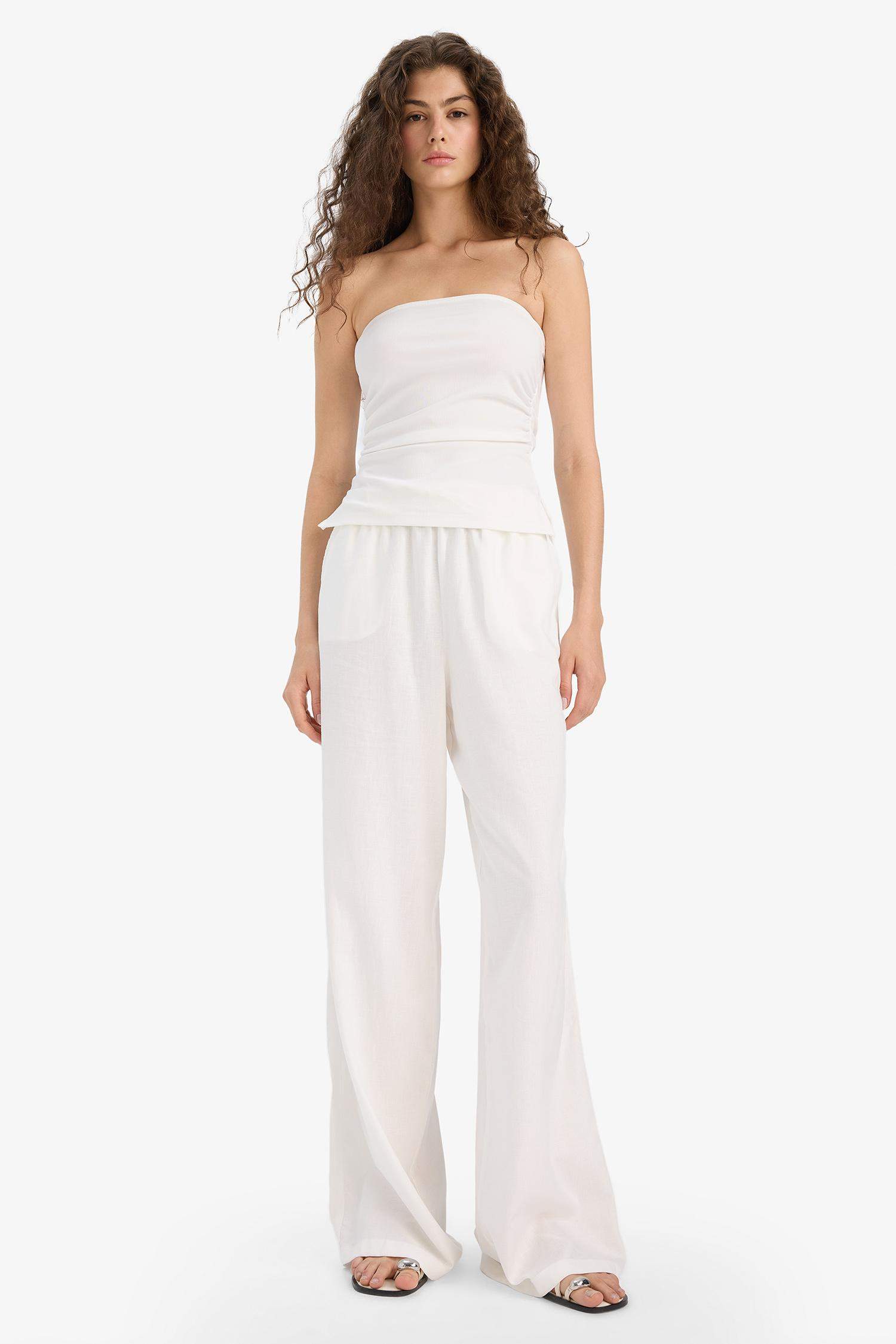 Wide Leg Çift Cepli Beli Lastikli Standart Boy Keten Karışımlı Beyaz Pantolon