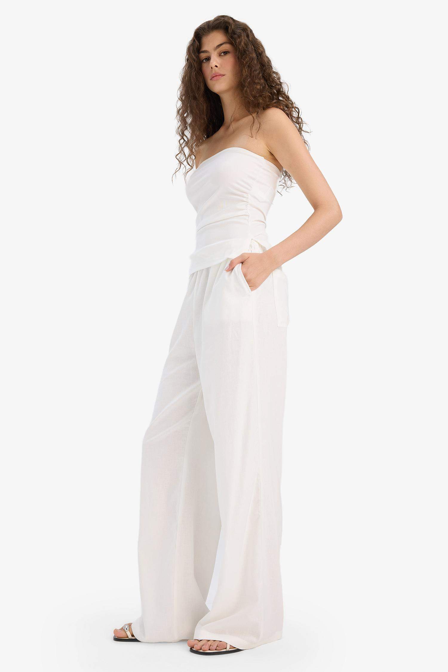 Wide Leg Çift Cepli Beli Lastikli Standart Boy Keten Karışımlı Beyaz Pantolon