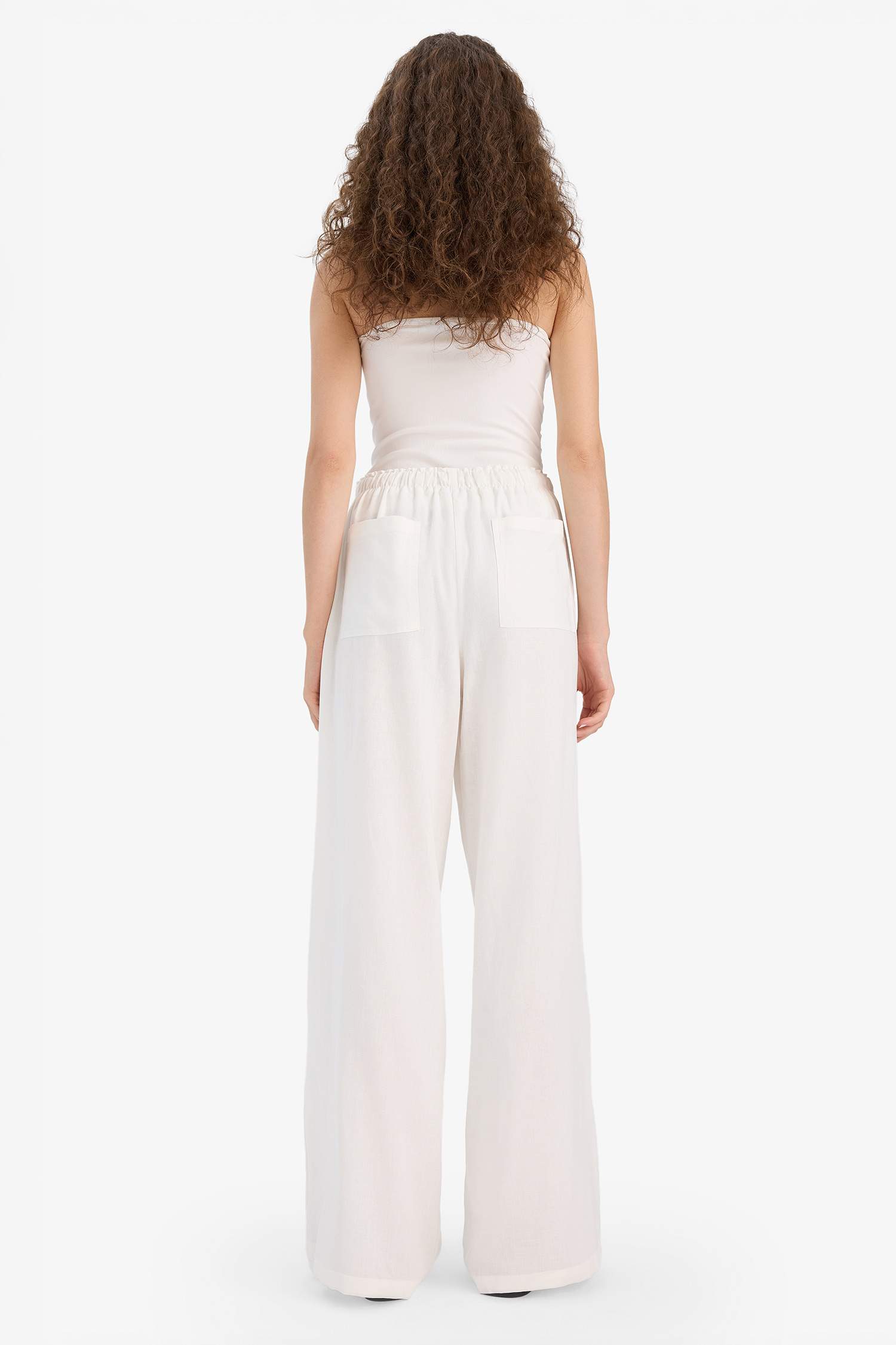 Wide Leg Çift Cepli Beli Lastikli Standart Boy Keten Karışımlı Beyaz Pantolon