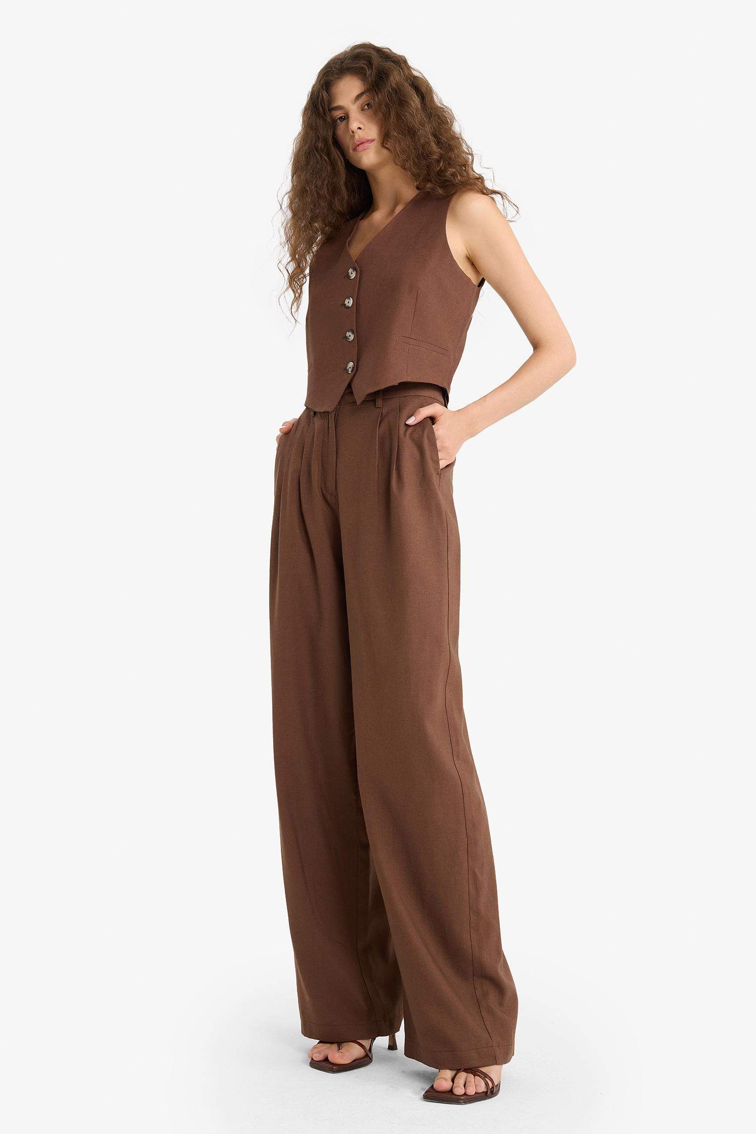 Wide Leg Double Pocket Linen Blended Trousers