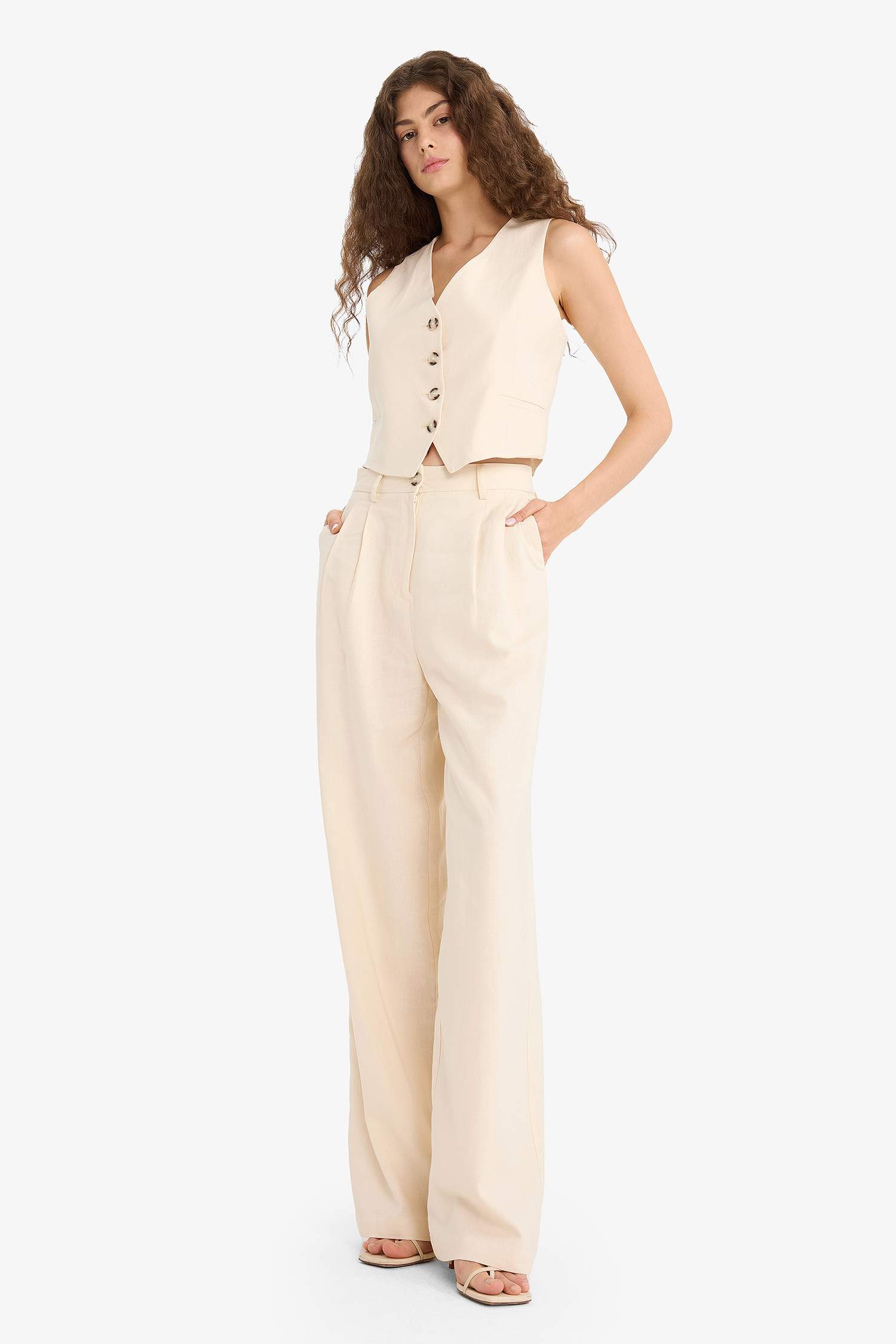 High Waist Standard Length Linen Blend Wide Leg Trousers