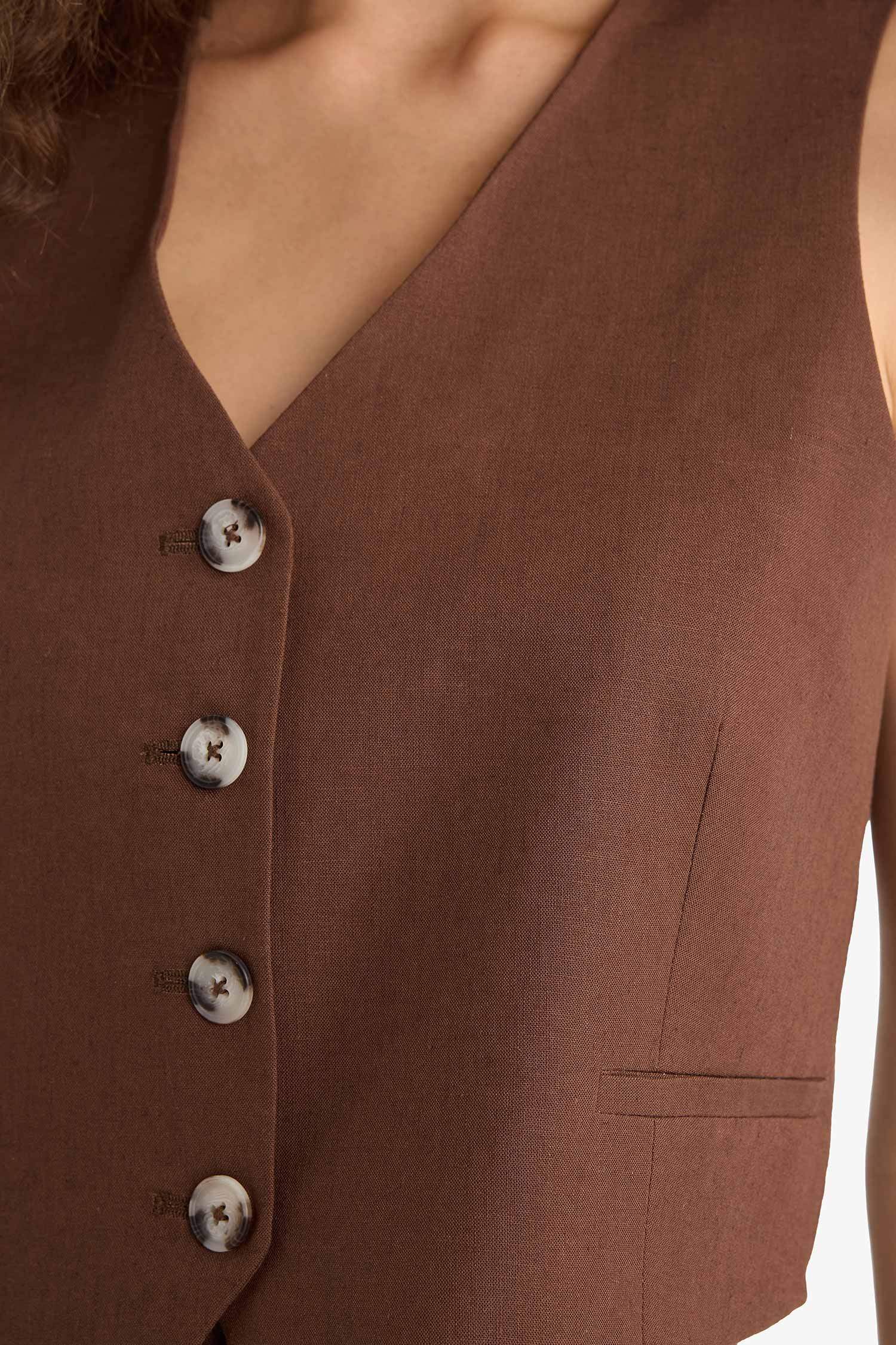 V Yaka Keten Karışımlı Blazer Yelek