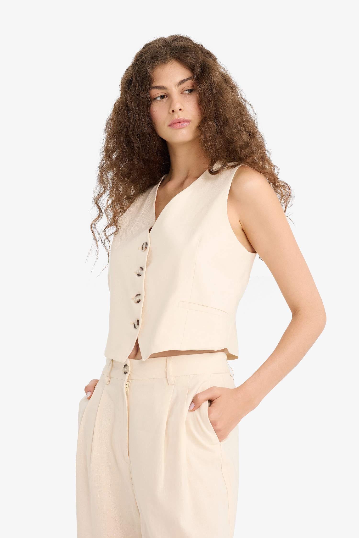 V Neck Linen Blend Blazer Vest