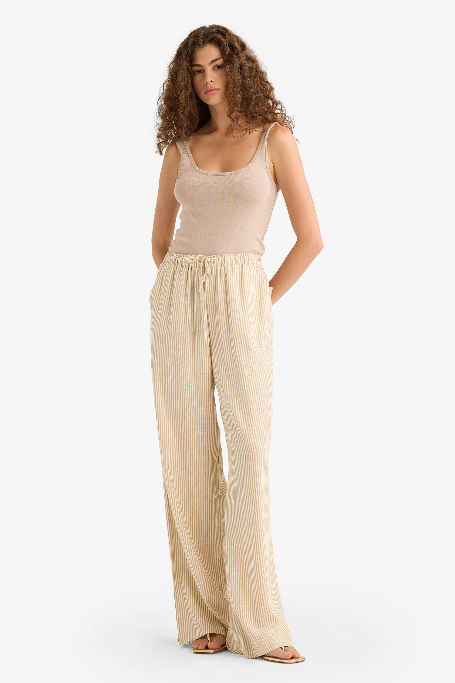 Wide Leg Double Pocket Striped Linen Blended Trousers