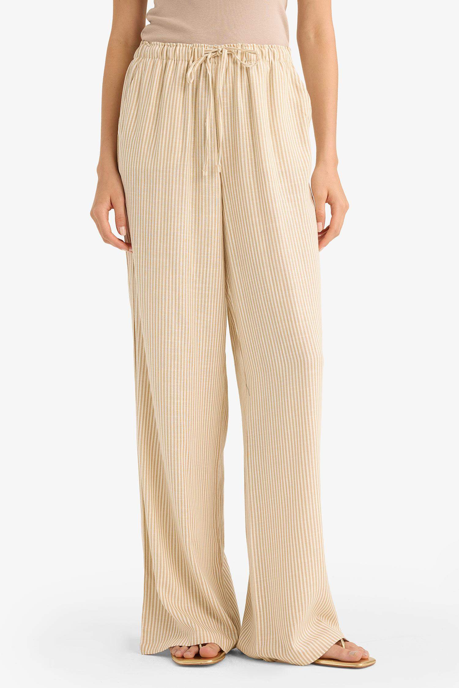 Wide Leg Double Pocket Striped Linen Blended Trousers