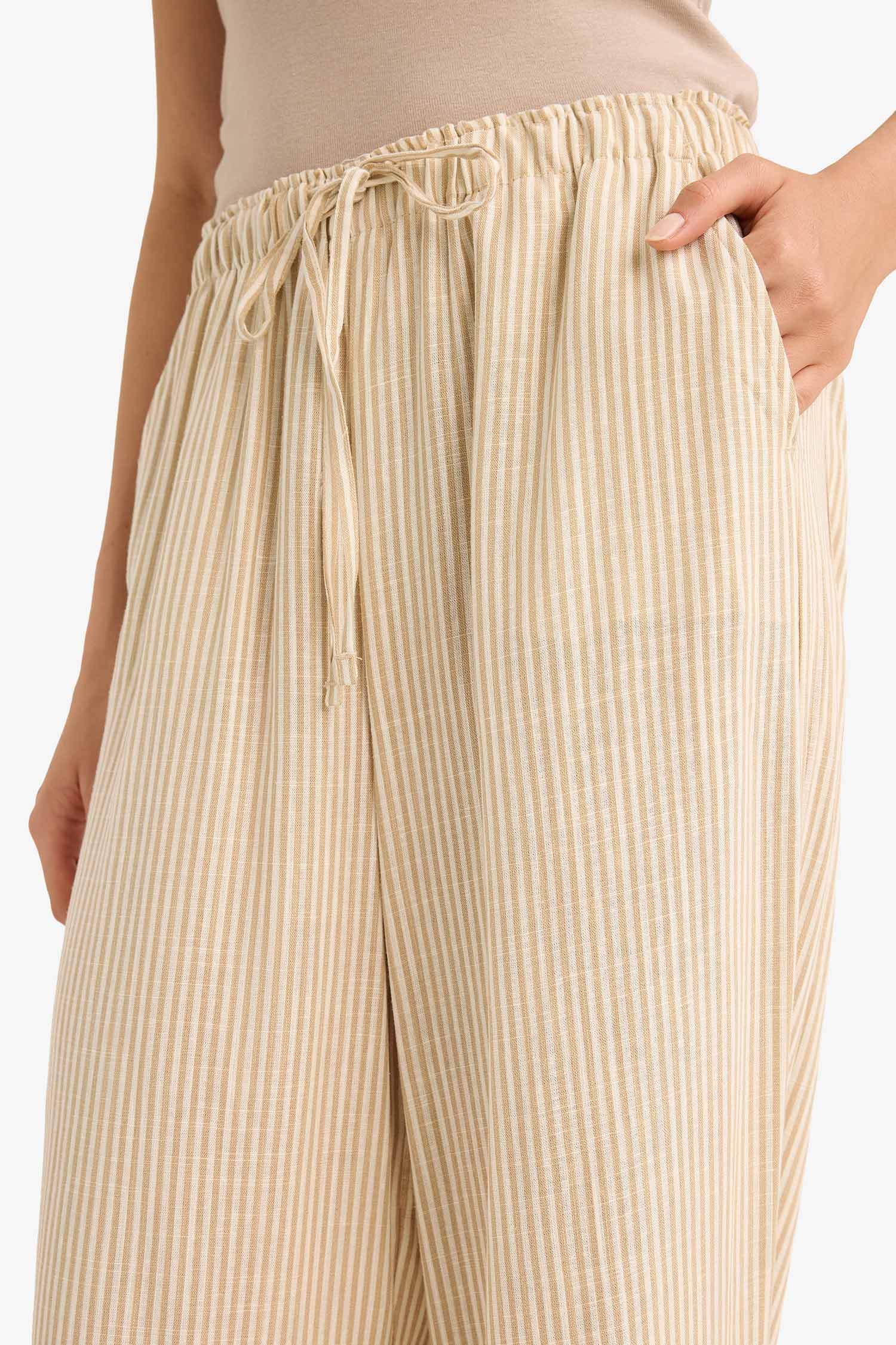 Wide Leg Double Pocket Striped Linen Blended Trousers