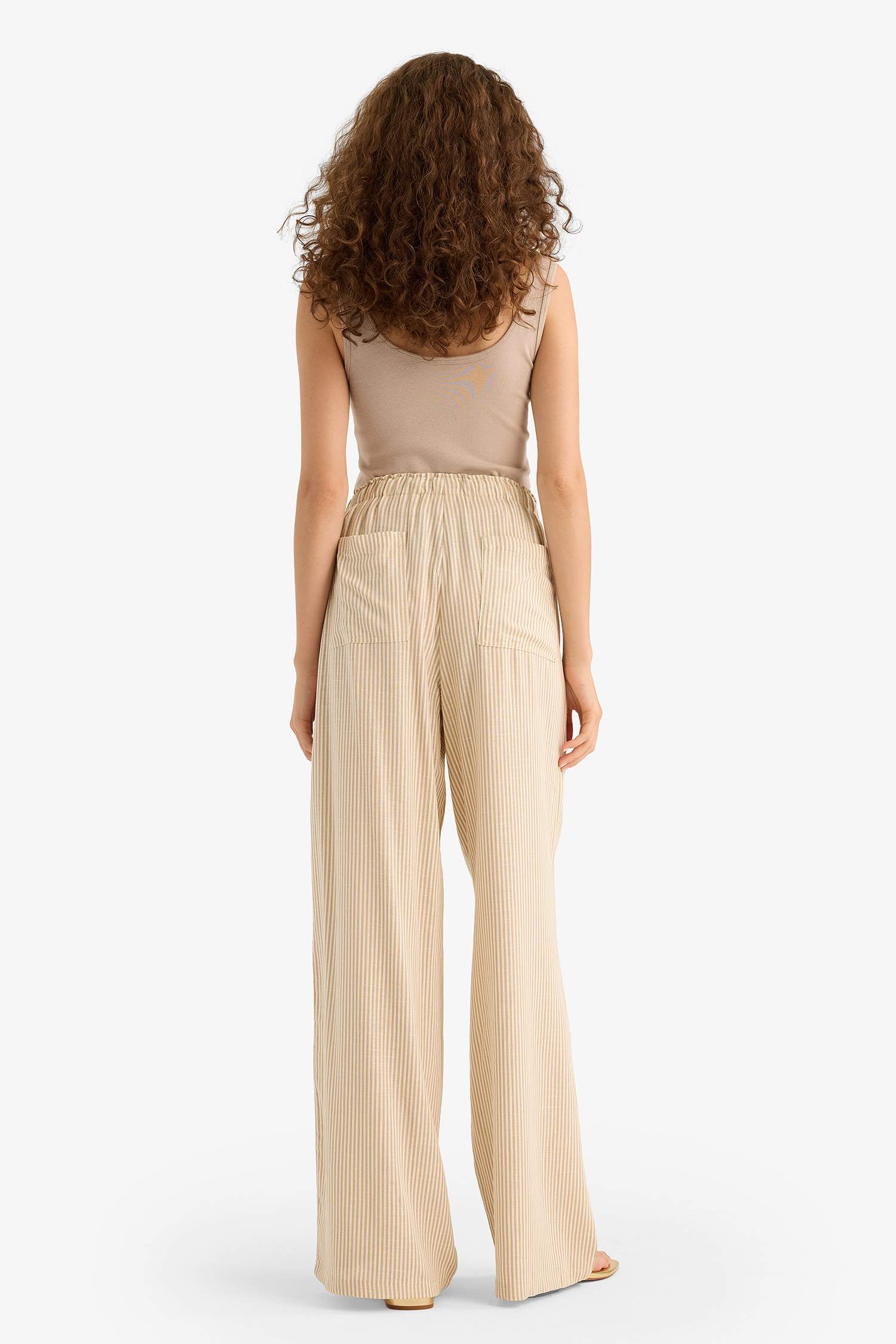 Wide Leg Double Pocket Striped Linen Blended Trousers