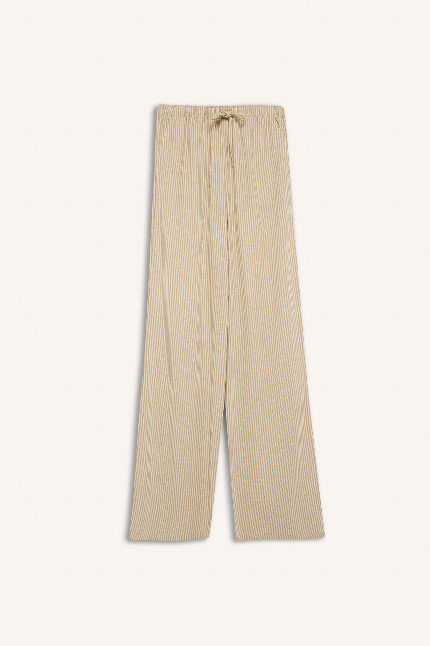 Wide Leg Double Pocket Striped Linen Blended Trousers