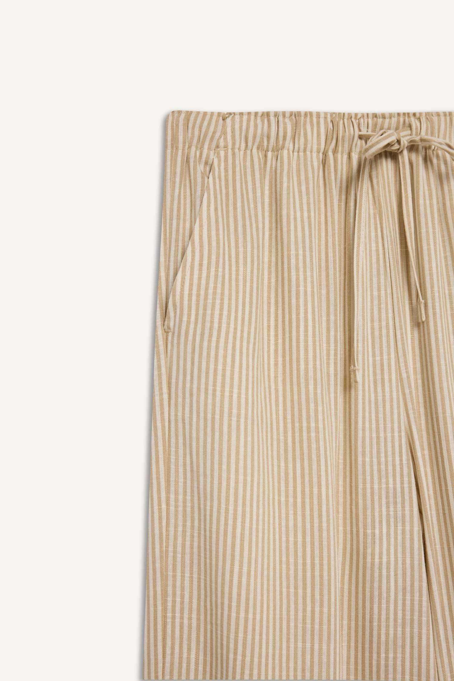 Wide Leg Double Pocket Striped Linen Blended Trousers