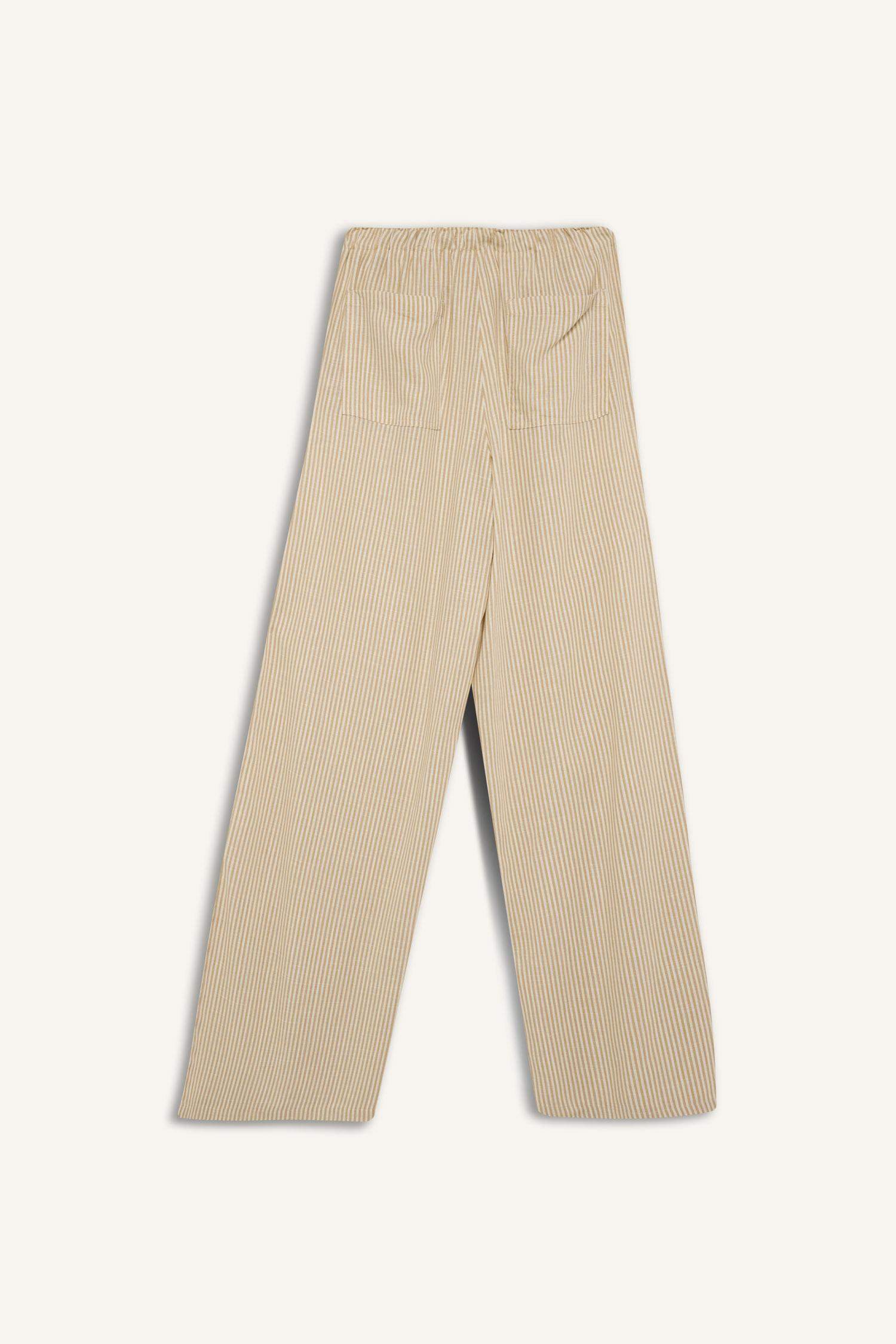Wide Leg Double Pocket Striped Linen Blended Trousers