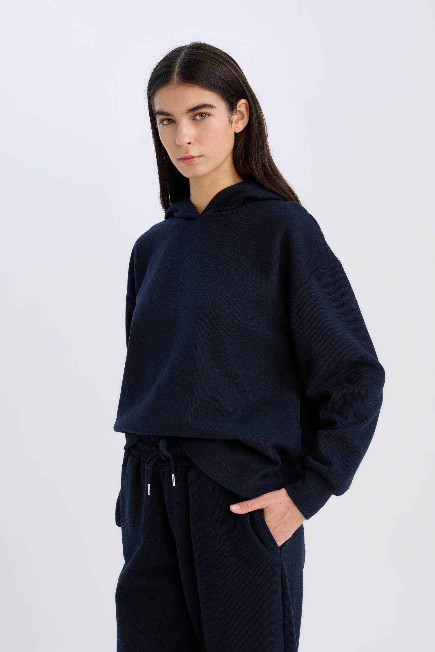 Relax Fit Kapüşonlu Basic Düz Sweatshirt