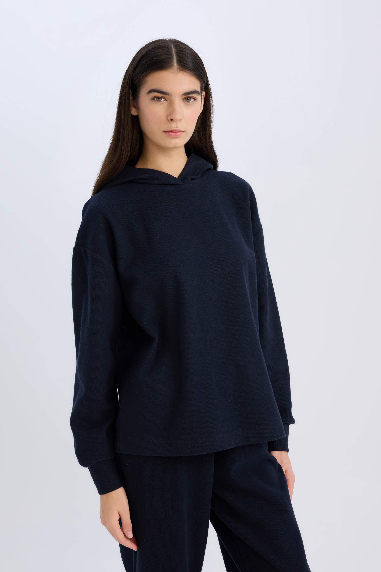 Relax Fit Kapüşonlu Basic Düz Sweatshirt