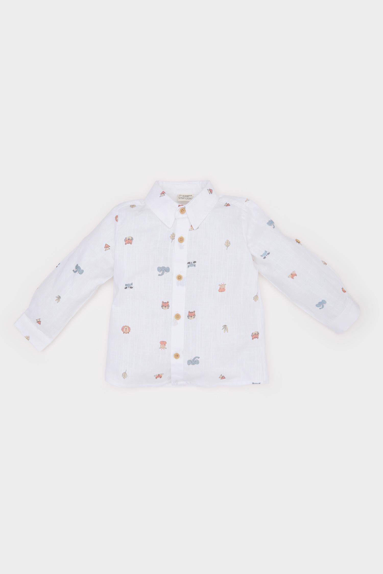 Erkek Bebek Hayvan Desenli Flamlı Poplin Uzun Kollu Gömlek