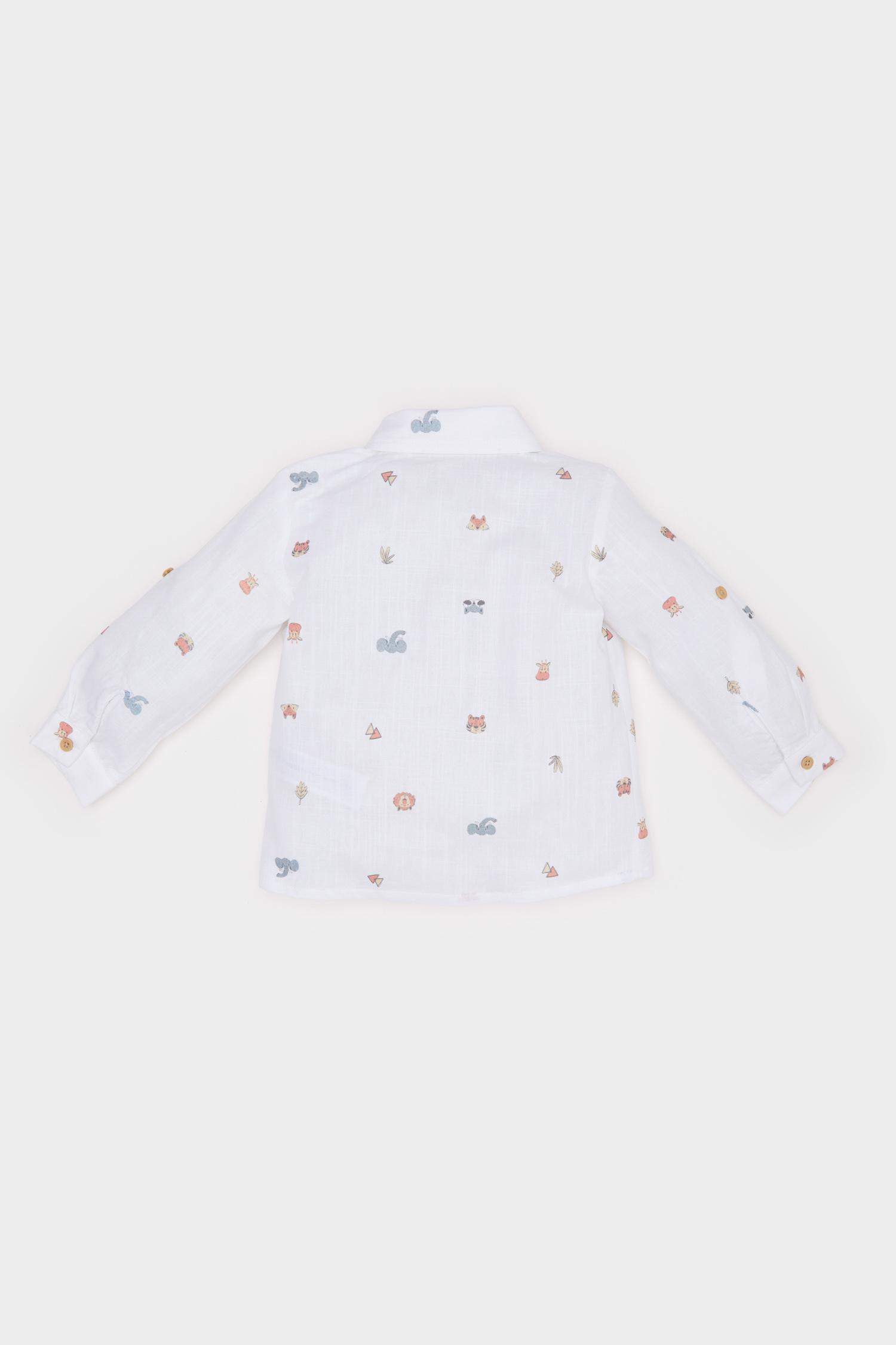 Erkek Bebek Hayvan Desenli Flamlı Poplin Uzun Kollu Gömlek
