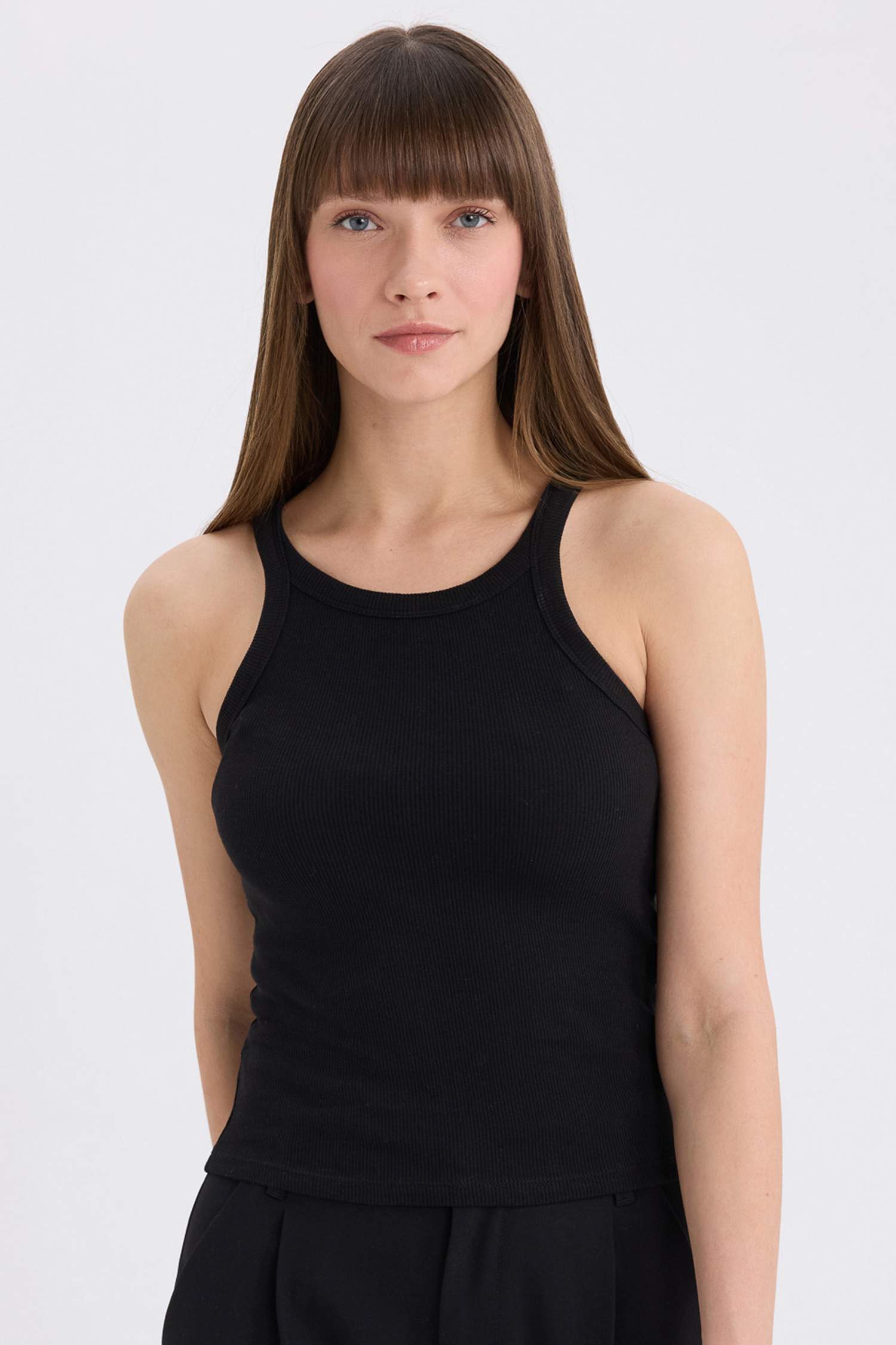 Slim Fit Dar Kesim Halter Yaka Basic Düz Fitilli Kaşkorse Atlet