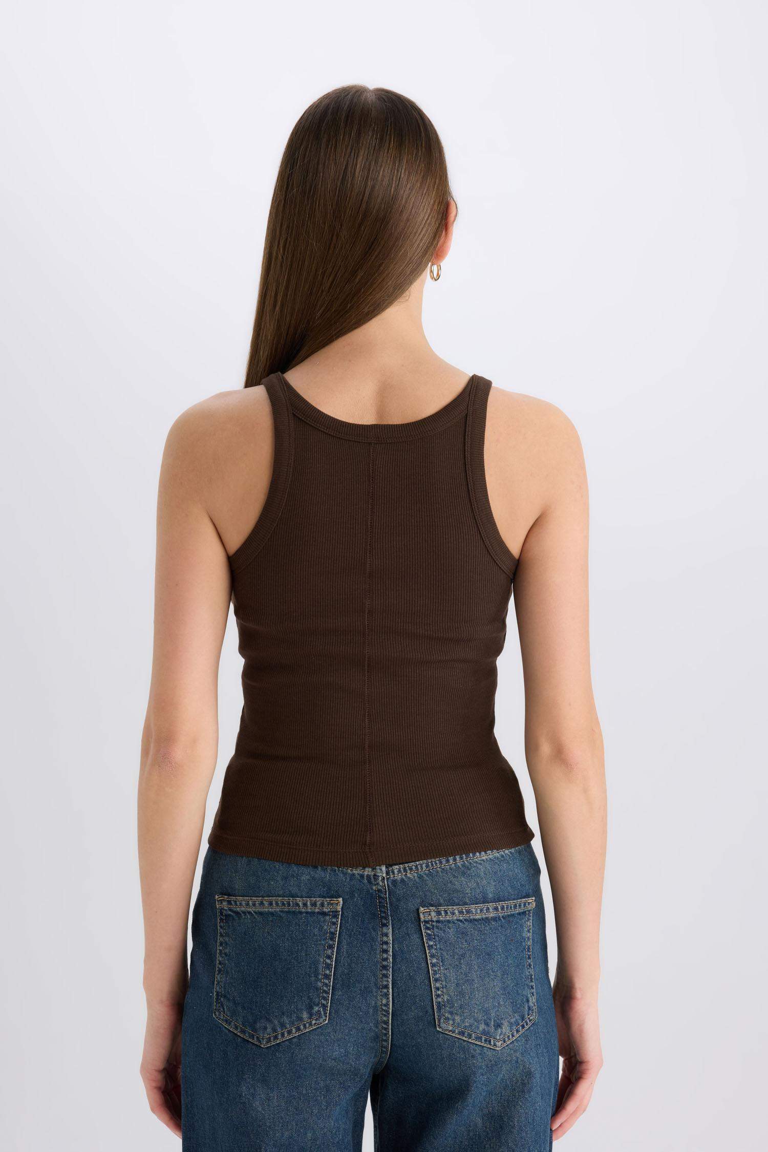 Slim Fit Dar Kesim Halter Yaka Basic Düz Fitilli Kaşkorse Atlet