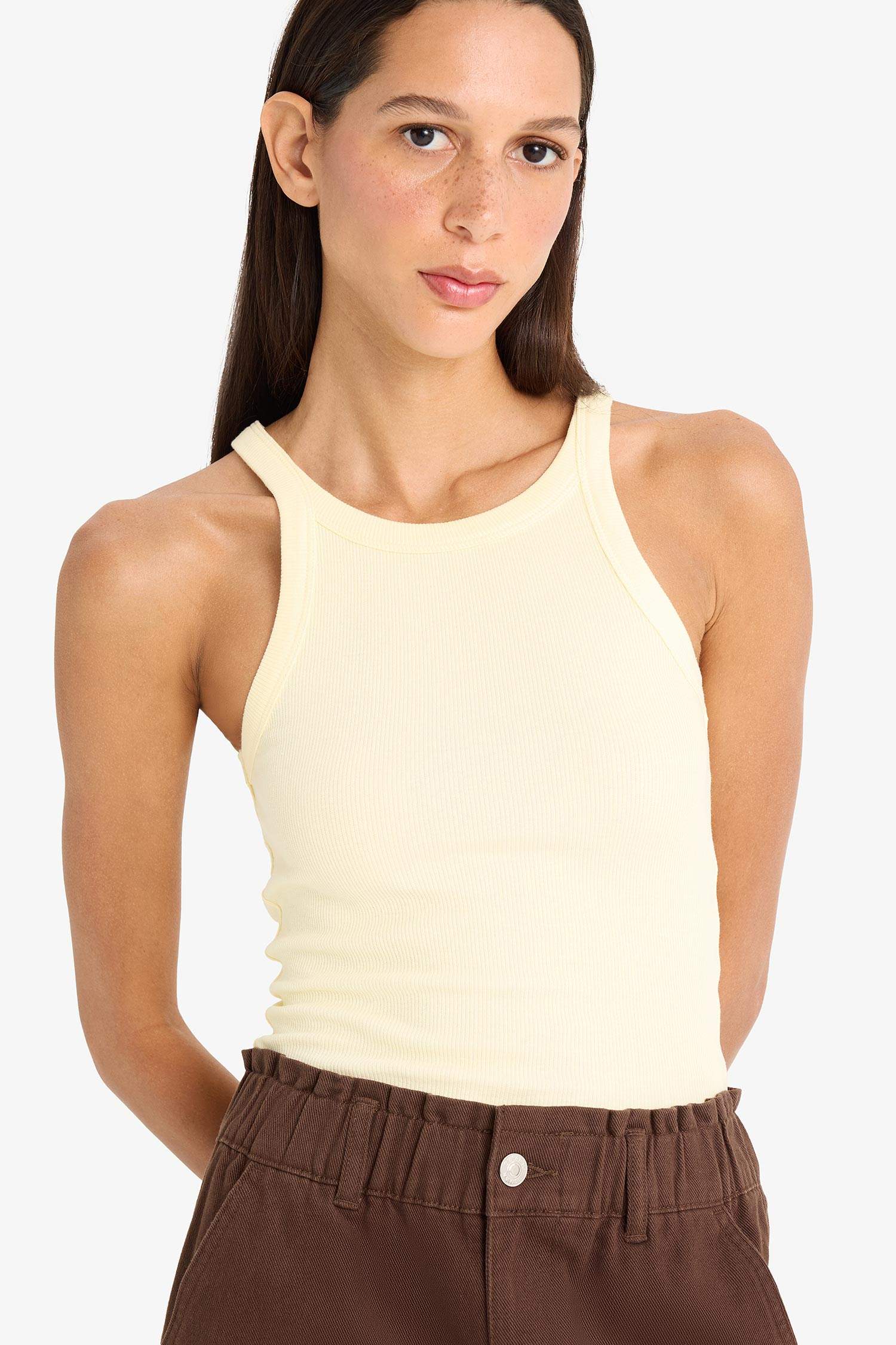 Slim Fit Dar Kesim Halter Yaka Basic Düz Fitilli Kaşkorse Atlet