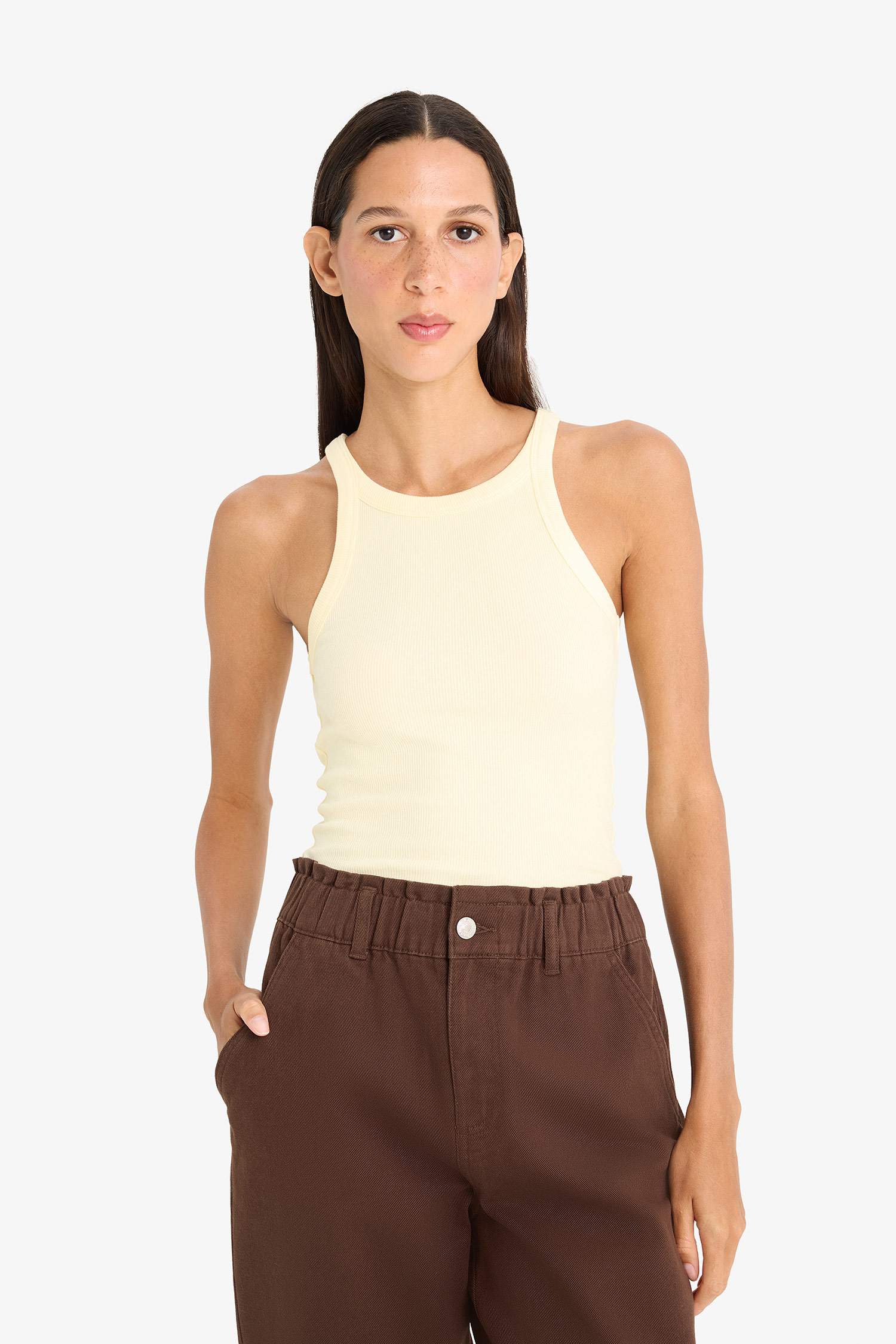 Slim Fit Dar Kesim Halter Yaka Basic Düz Fitilli Kaşkorse Atlet