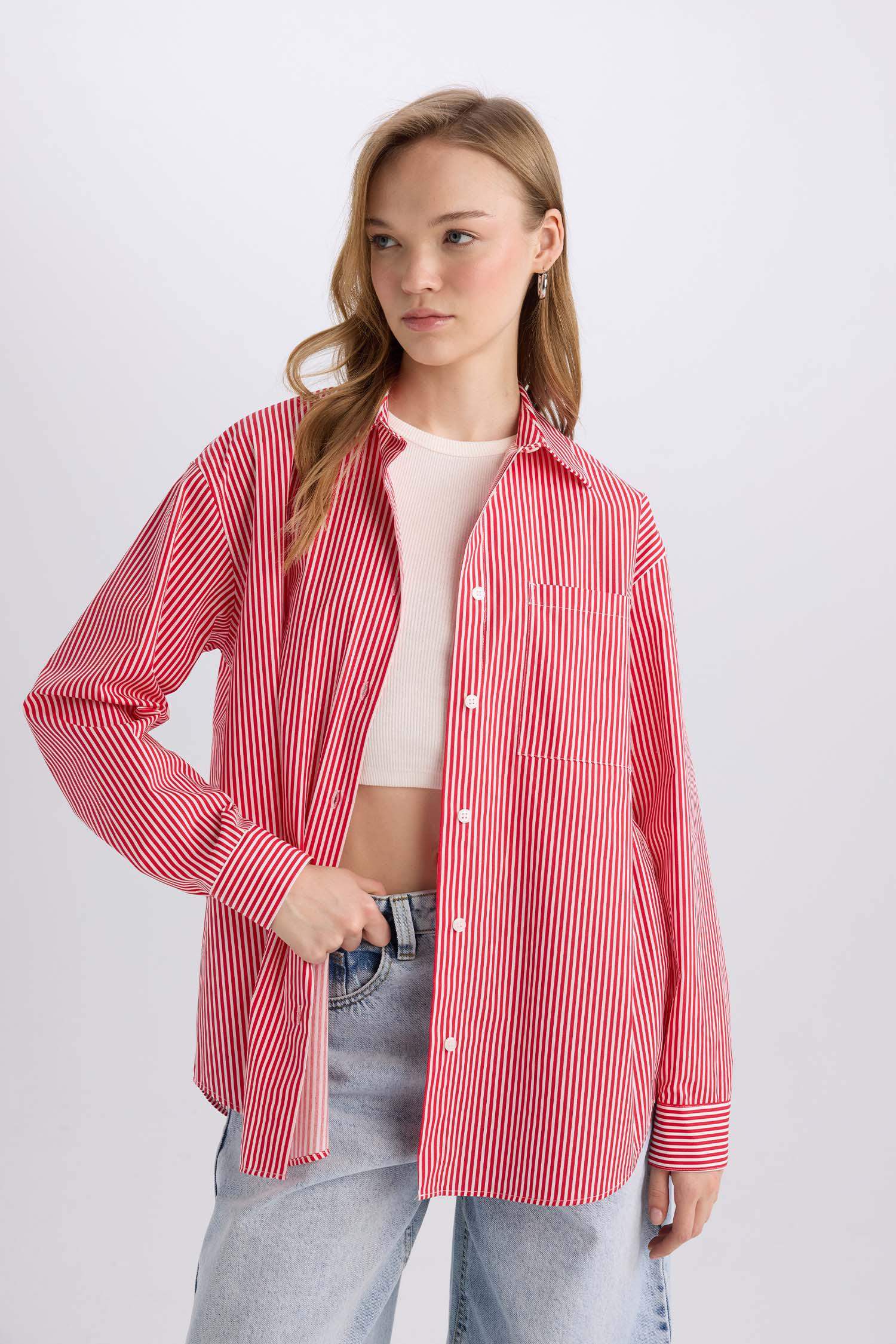 Chemise oversize rayée en popeline à manches longues