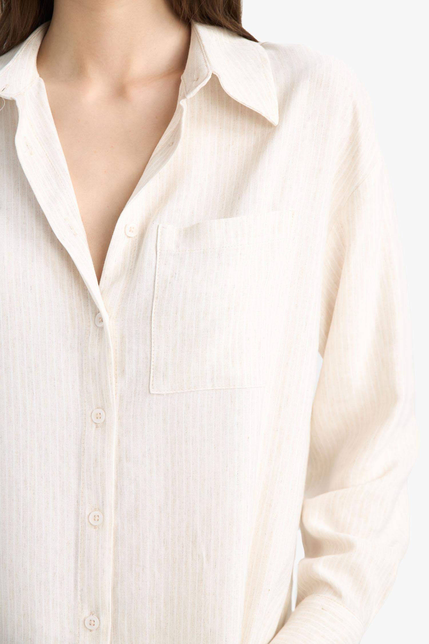 Oversize Geniş Kalıp Keten Karışımlı Uzun Kollu Gömlek