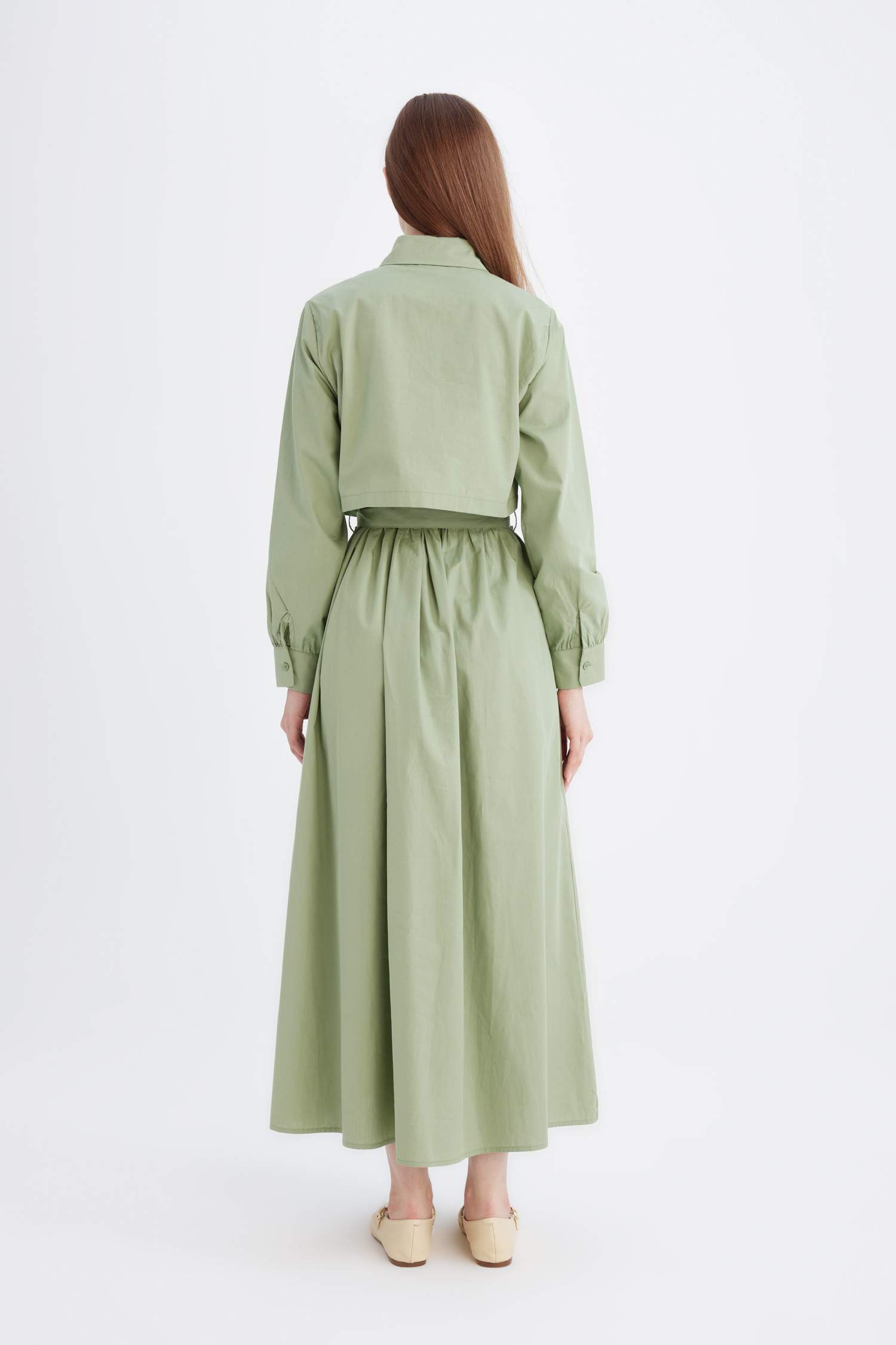 فستان كم طويل بوبلين برقبة قميص