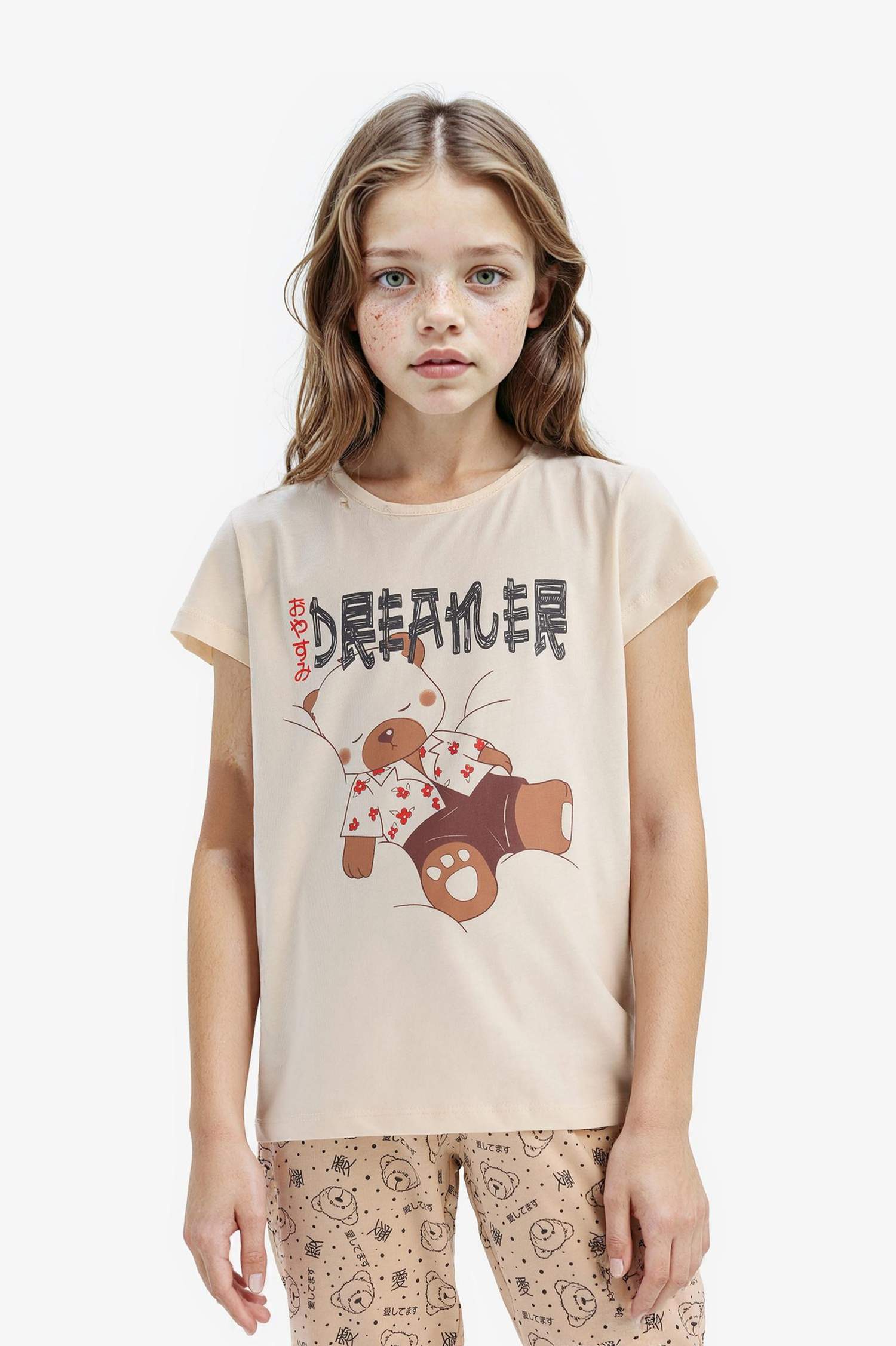 Kız Çocuk Pijama Takımı Baskılı Kısa Kollu Üst Desenli Alt