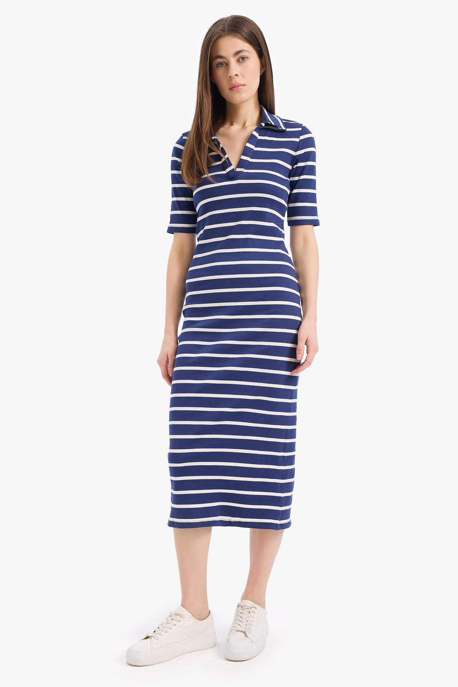 Bodycon Polo Collar Striped Camisole Midi Dress