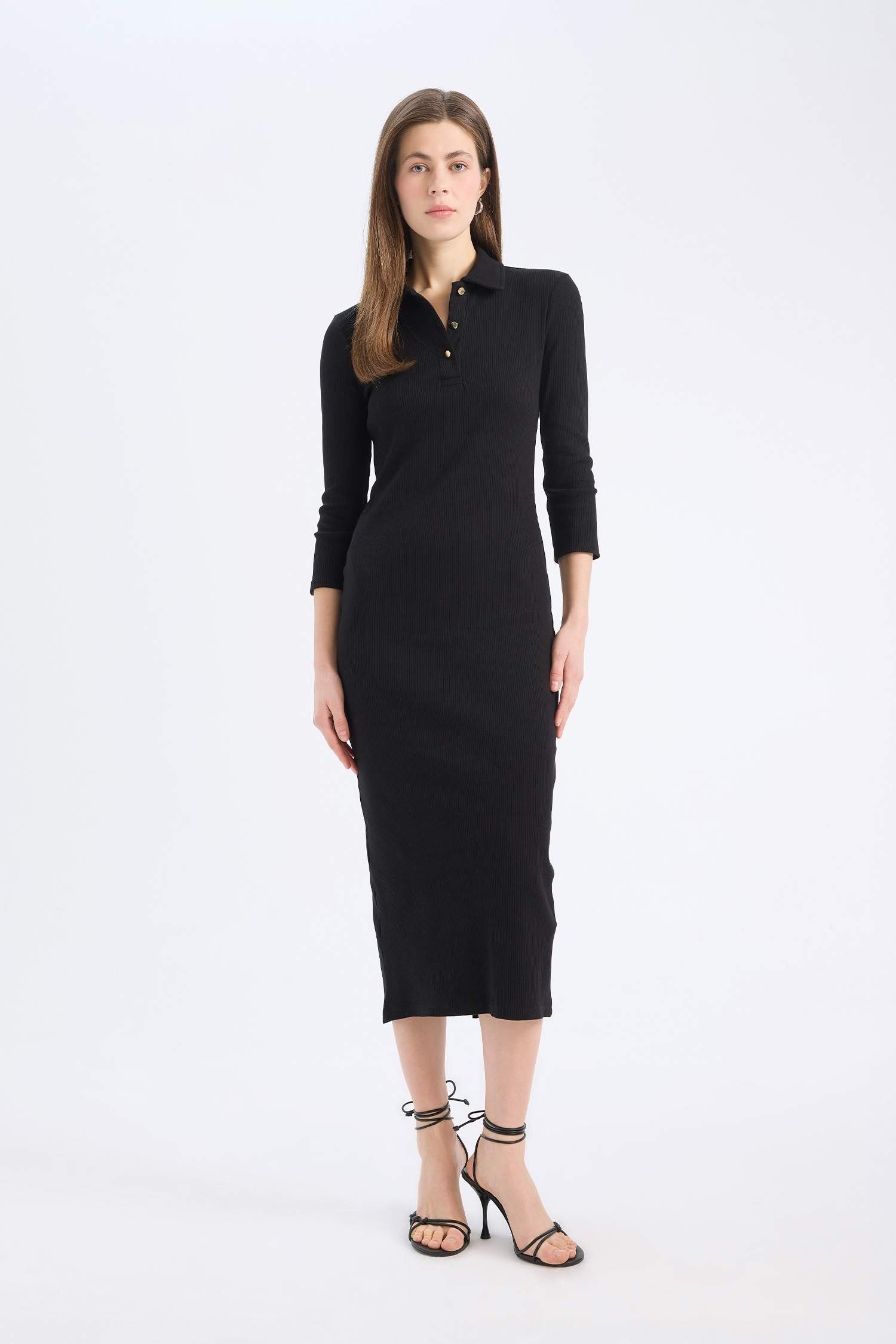 Bodycon Vücudu Saran Polo Yaka Basic Düz Fitilli Kaşkorse Yarım Kollu Midi Elbise