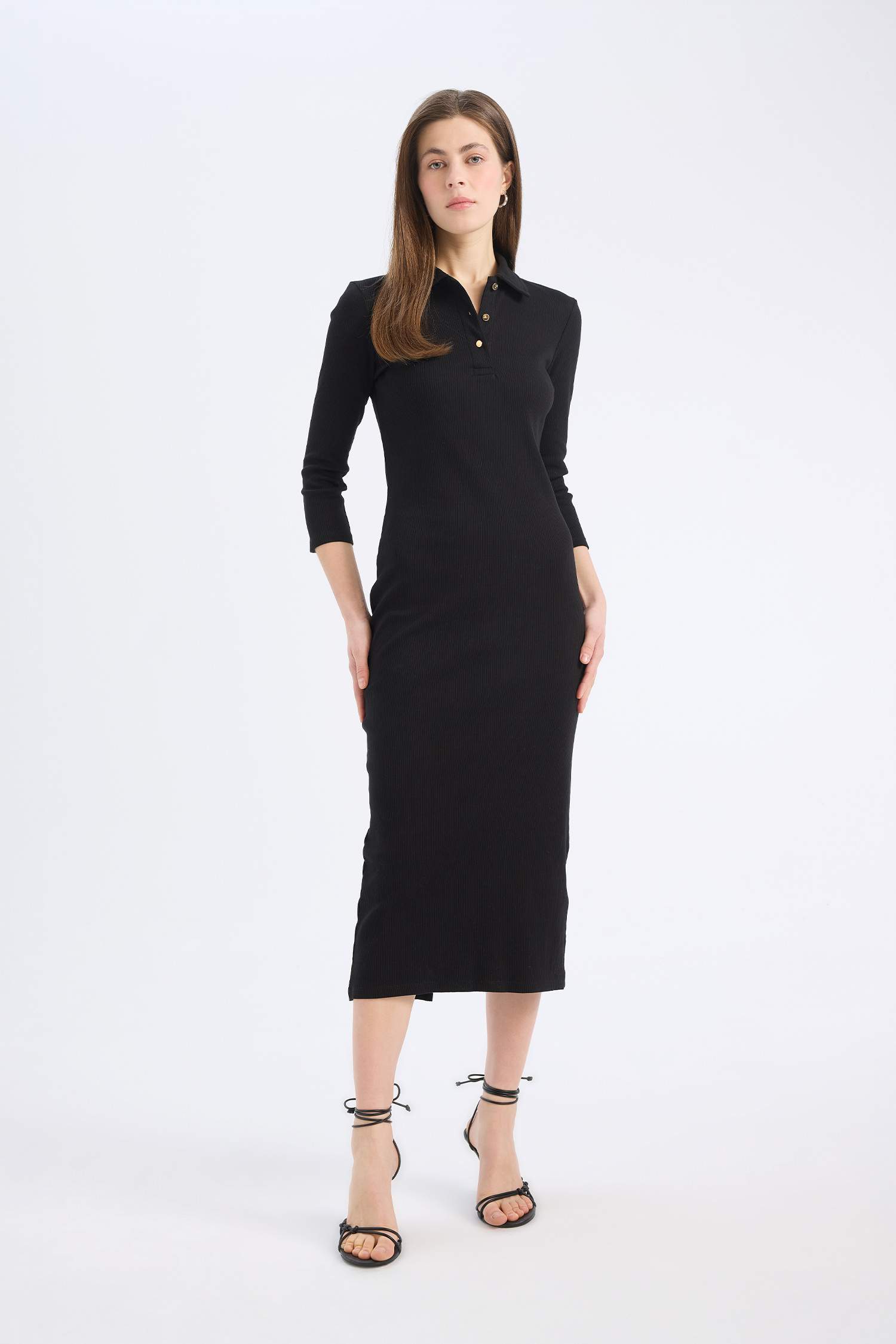 Bodycon Vücudu Saran Polo Yaka Basic Düz Fitilli Kaşkorse Yarım Kollu Midi Elbise