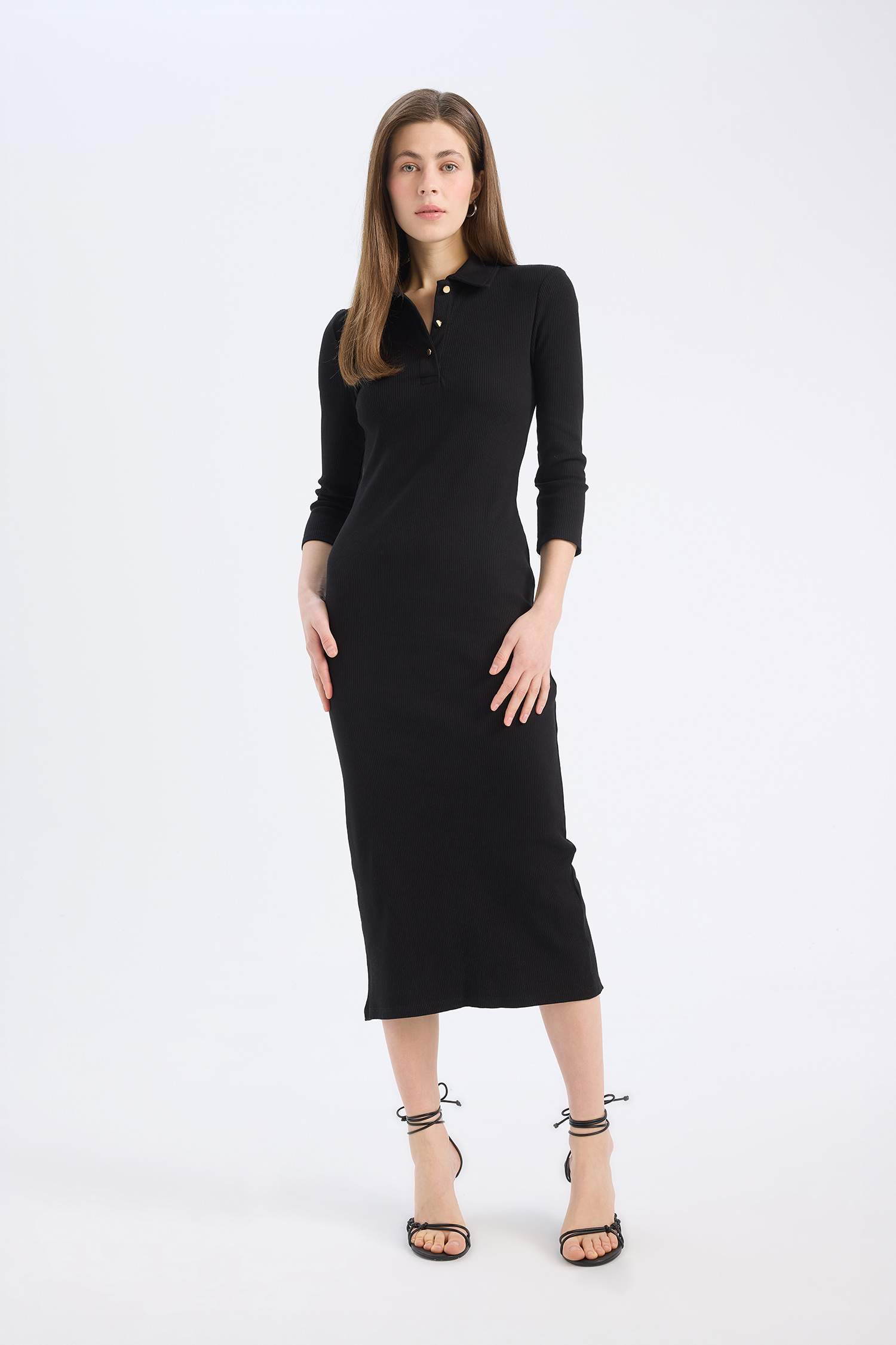 Bodycon Vücudu Saran Polo Yaka Basic Düz Fitilli Kaşkorse Yarım Kollu Midi Elbise