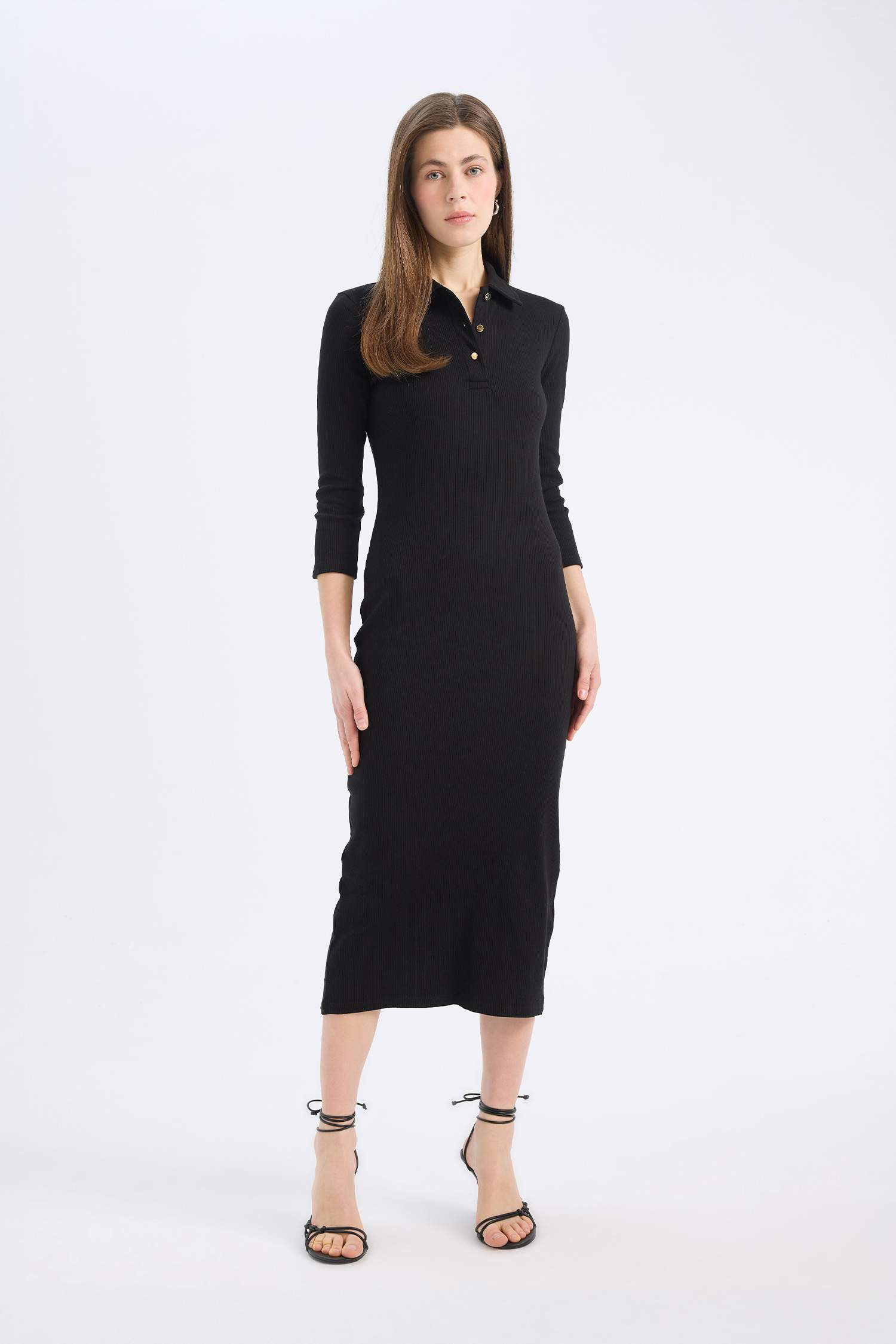 Bodycon Vücudu Saran Polo Yaka Basic Düz Fitilli Kaşkorse Yarım Kollu Midi Elbise