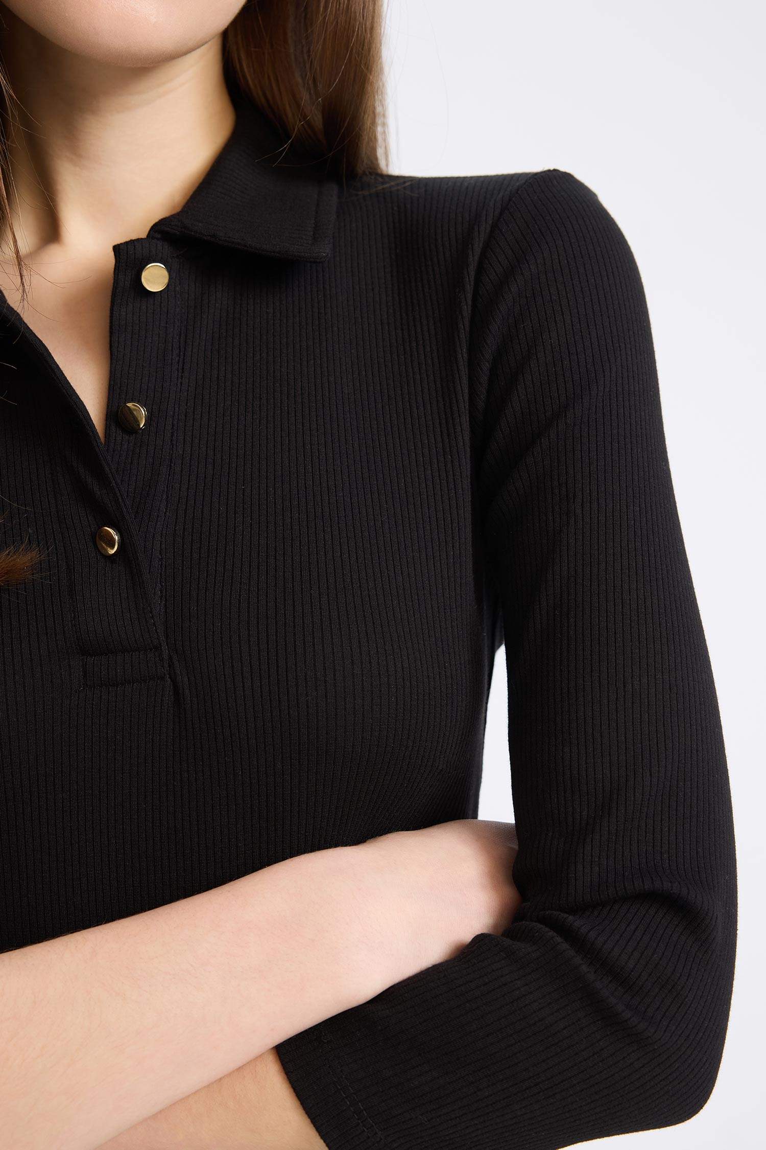 Bodycon Vücudu Saran Polo Yaka Basic Düz Fitilli Kaşkorse Yarım Kollu Midi Elbise