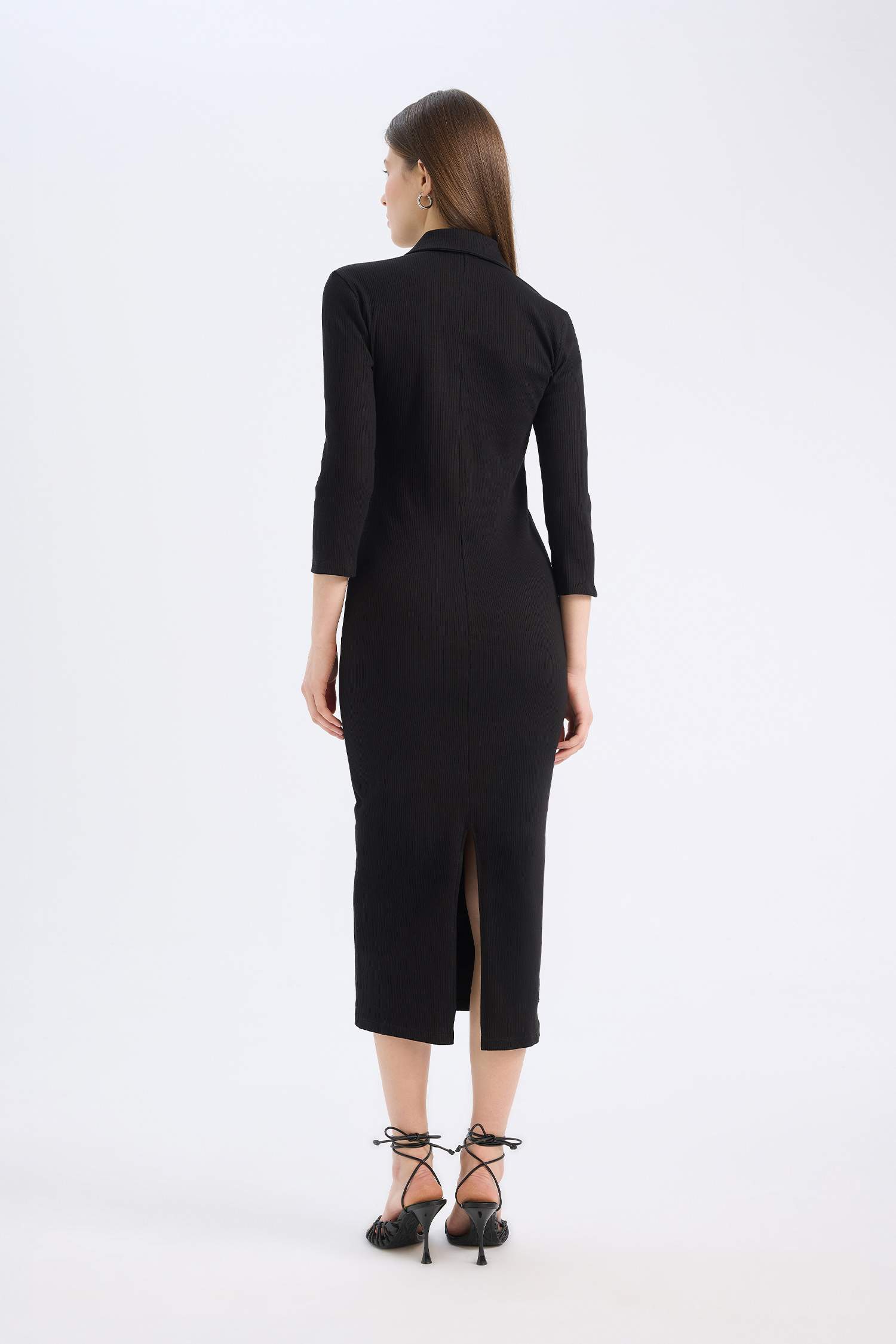 Bodycon Vücudu Saran Polo Yaka Basic Düz Fitilli Kaşkorse Yarım Kollu Midi Elbise