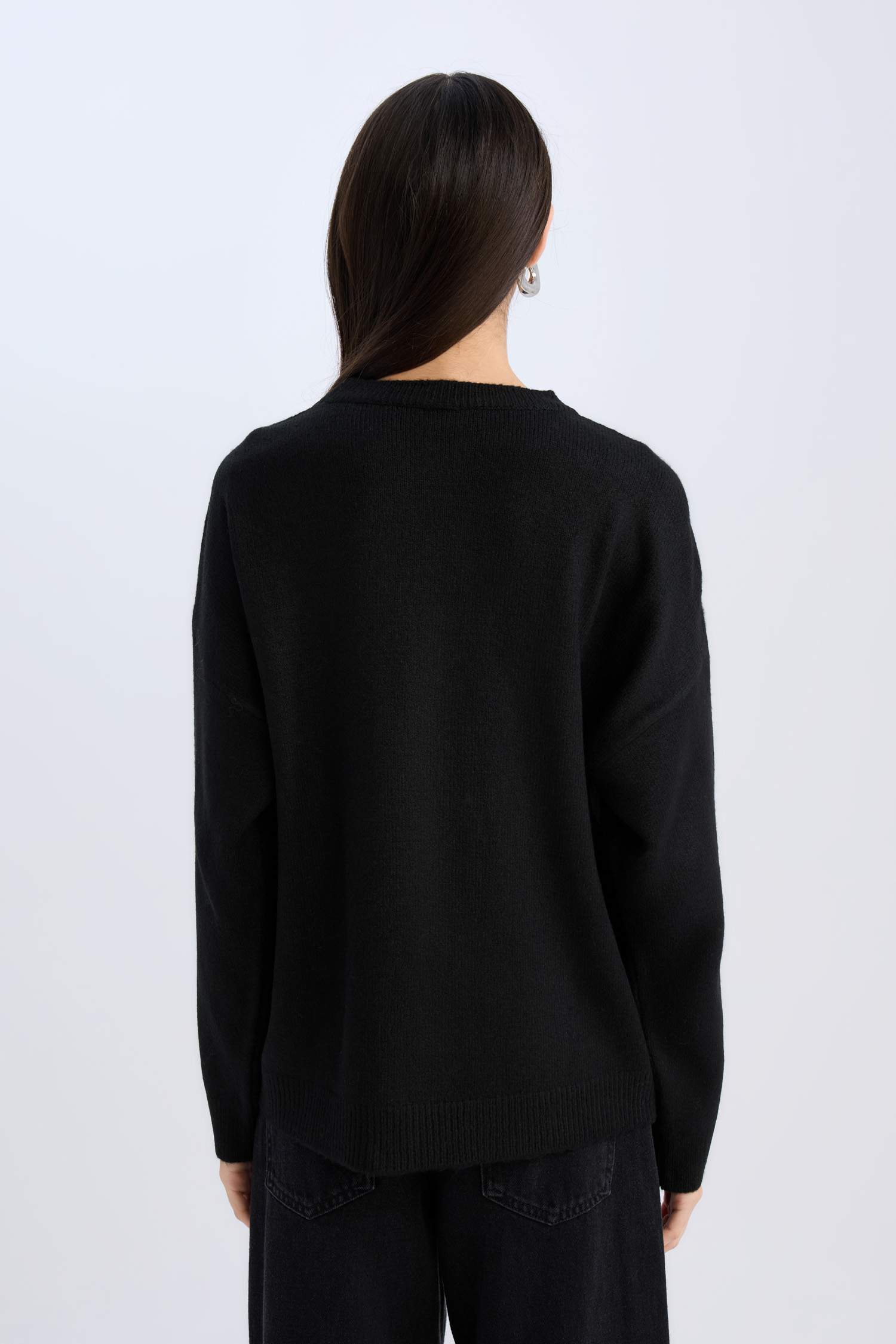 Oversize Geniş Kalıp Bisiklet Yaka Yumuşak Dokulu Taşlı Triko Kazak