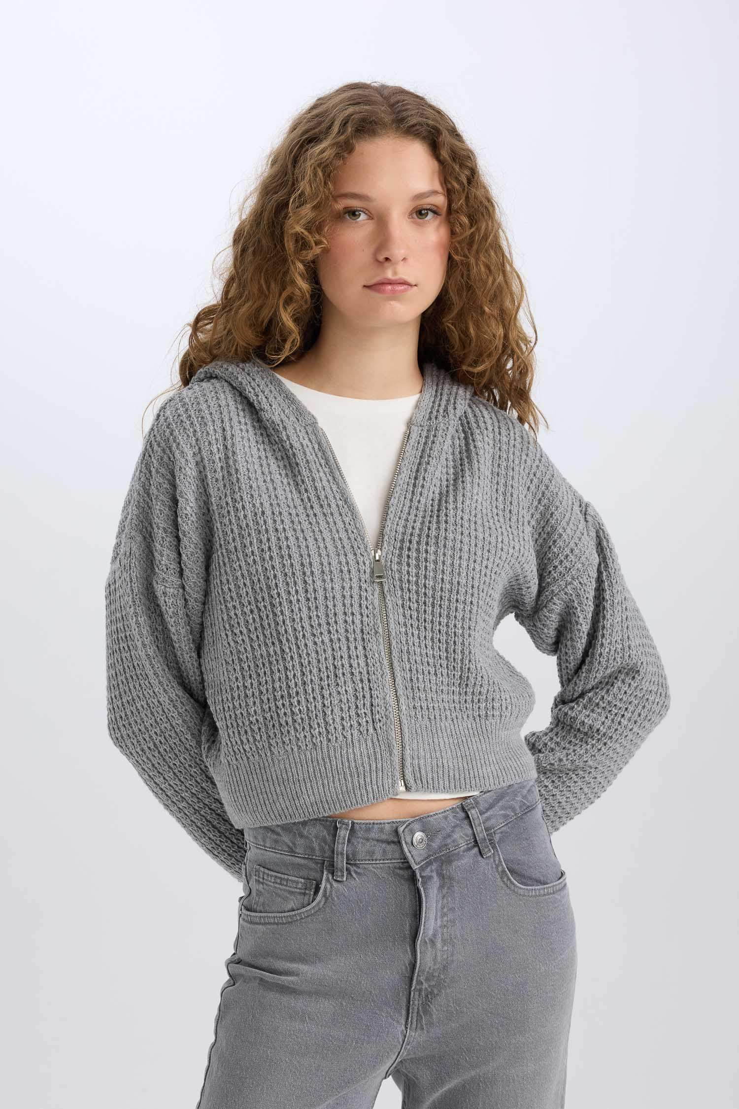 Regular Fit Kapüşonlu Fermuarlı Triko Hırka