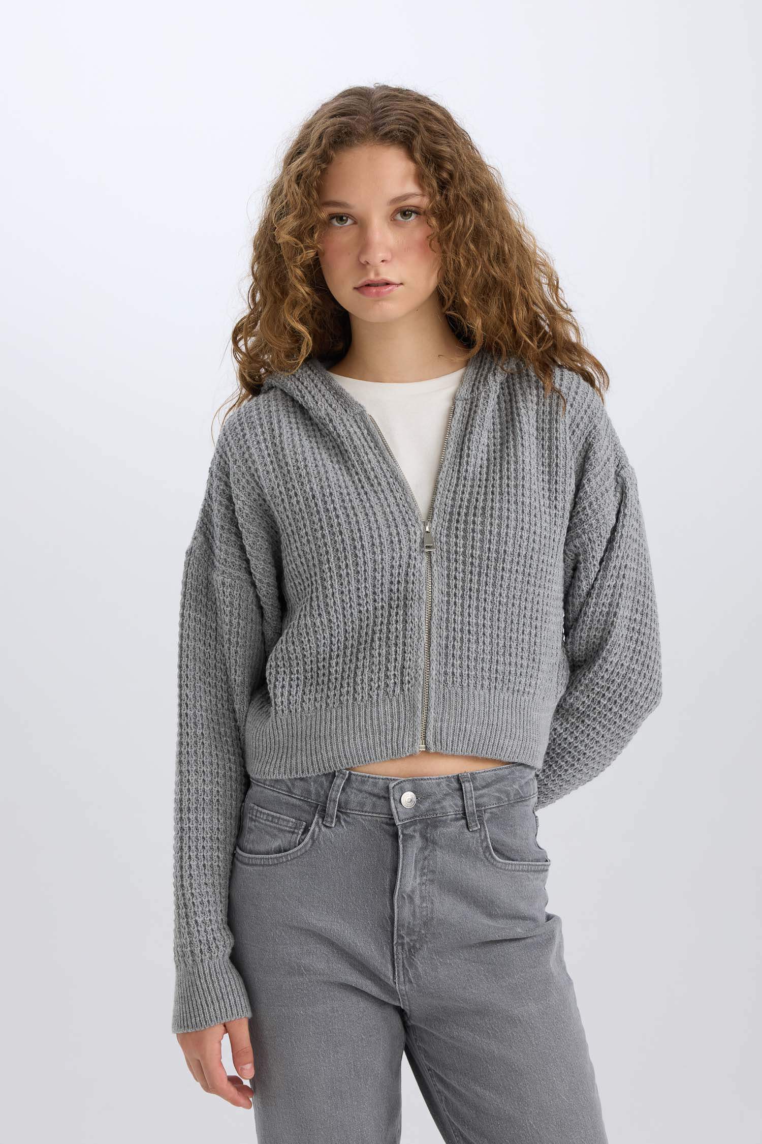 Regular Fit Kapüşonlu Fermuarlı Triko Hırka