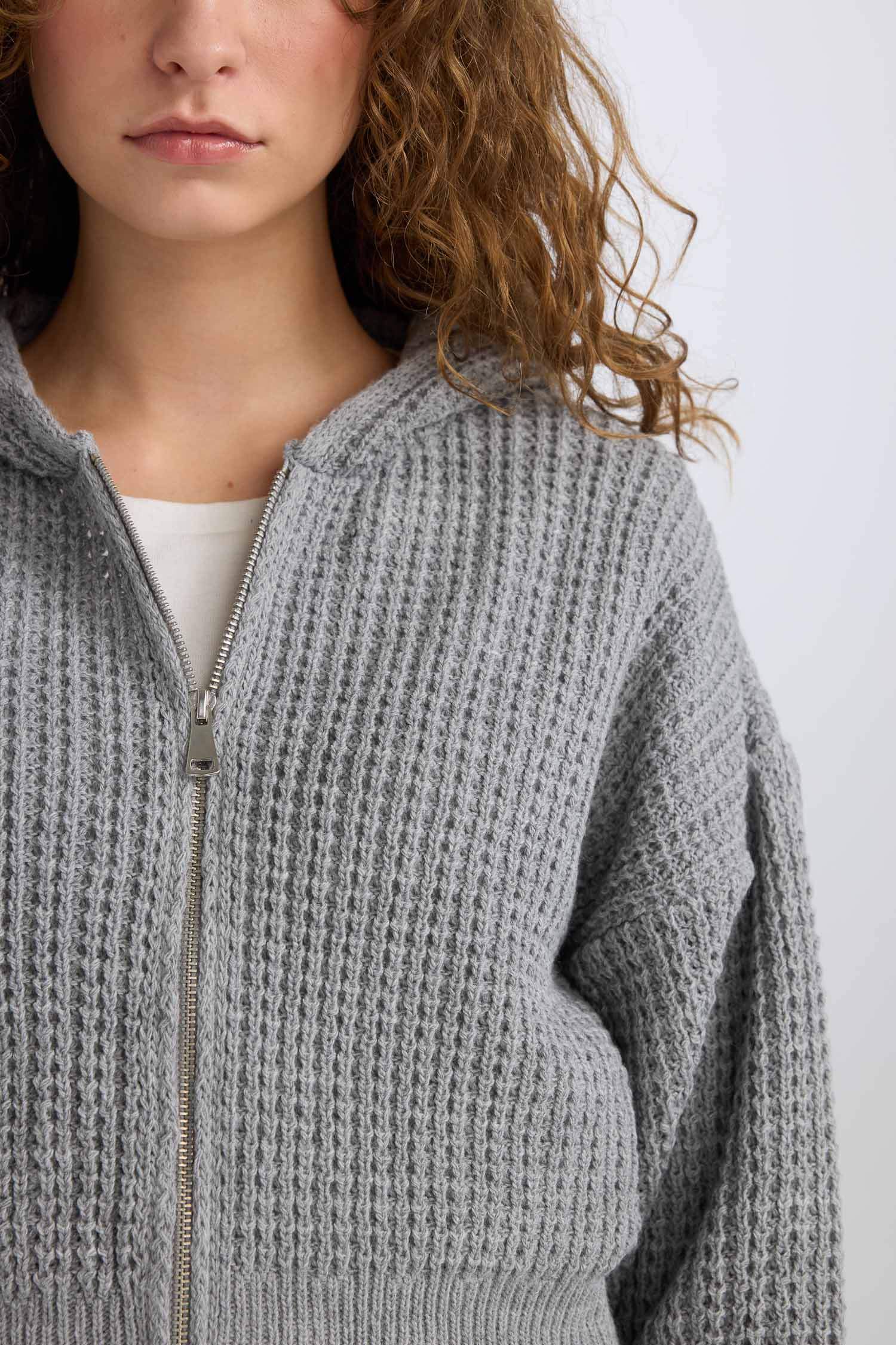 Regular Fit Kapüşonlu Fermuarlı Triko Hırka